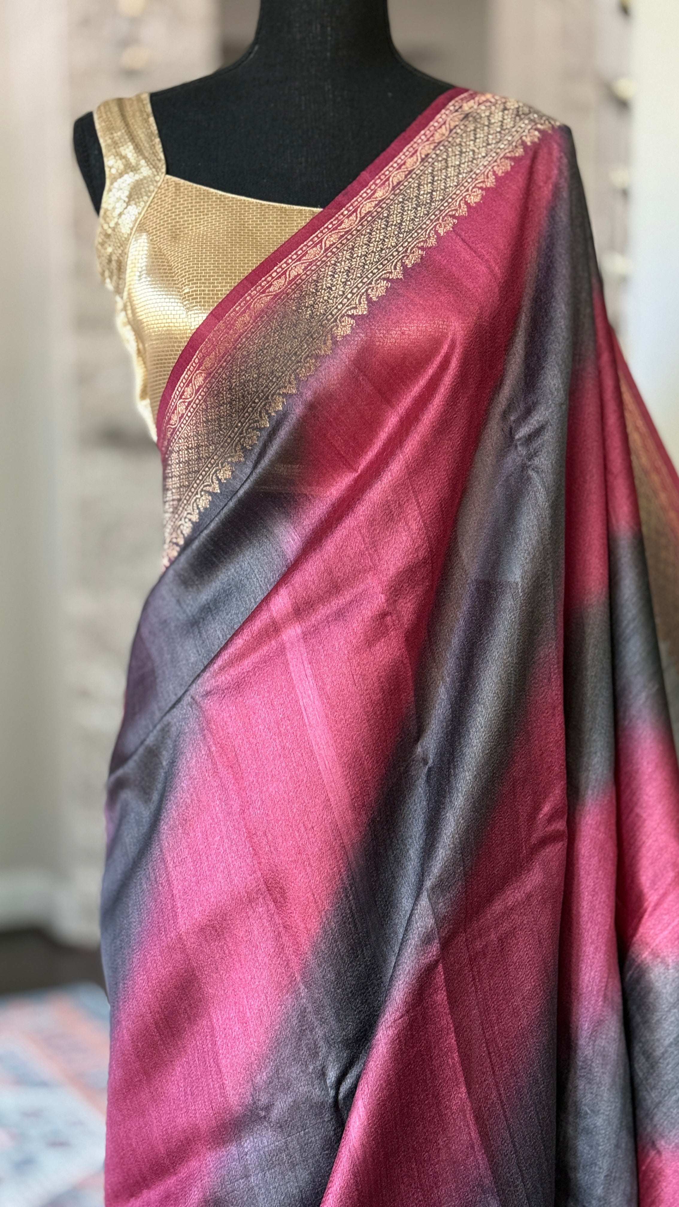 Tussar Silk Banarasi Shaded - Grey Raspberry Pink Antique Golden Zari