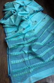 Tussar Cotton Silk Kantha Stitch -  Firozi