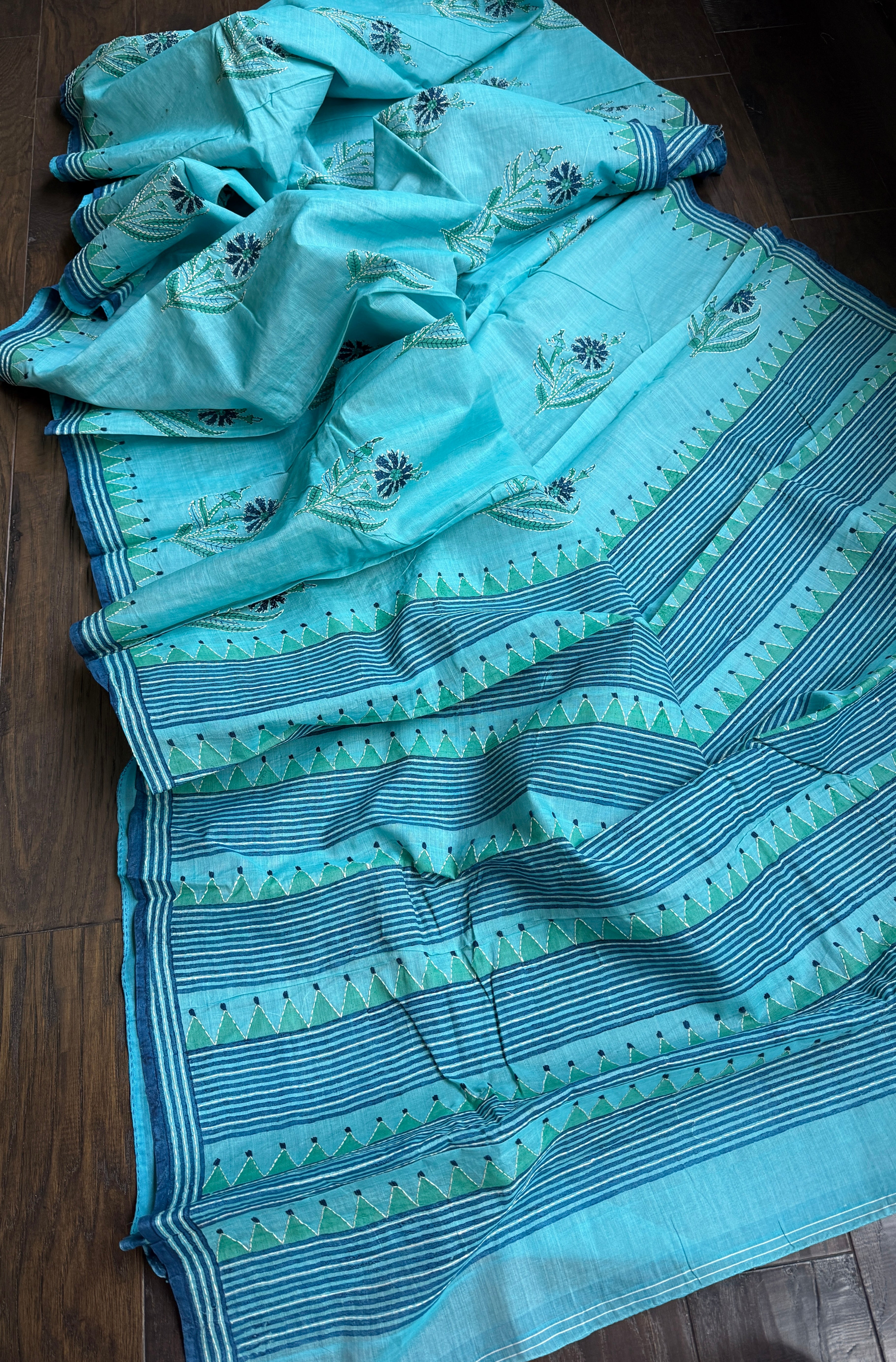 Tussar Cotton Silk Kantha Stitch -  Firozi