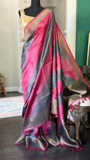 Tussar Silk Banarasi Shaded - Grey Raspberry Pink Antique Golden Zari