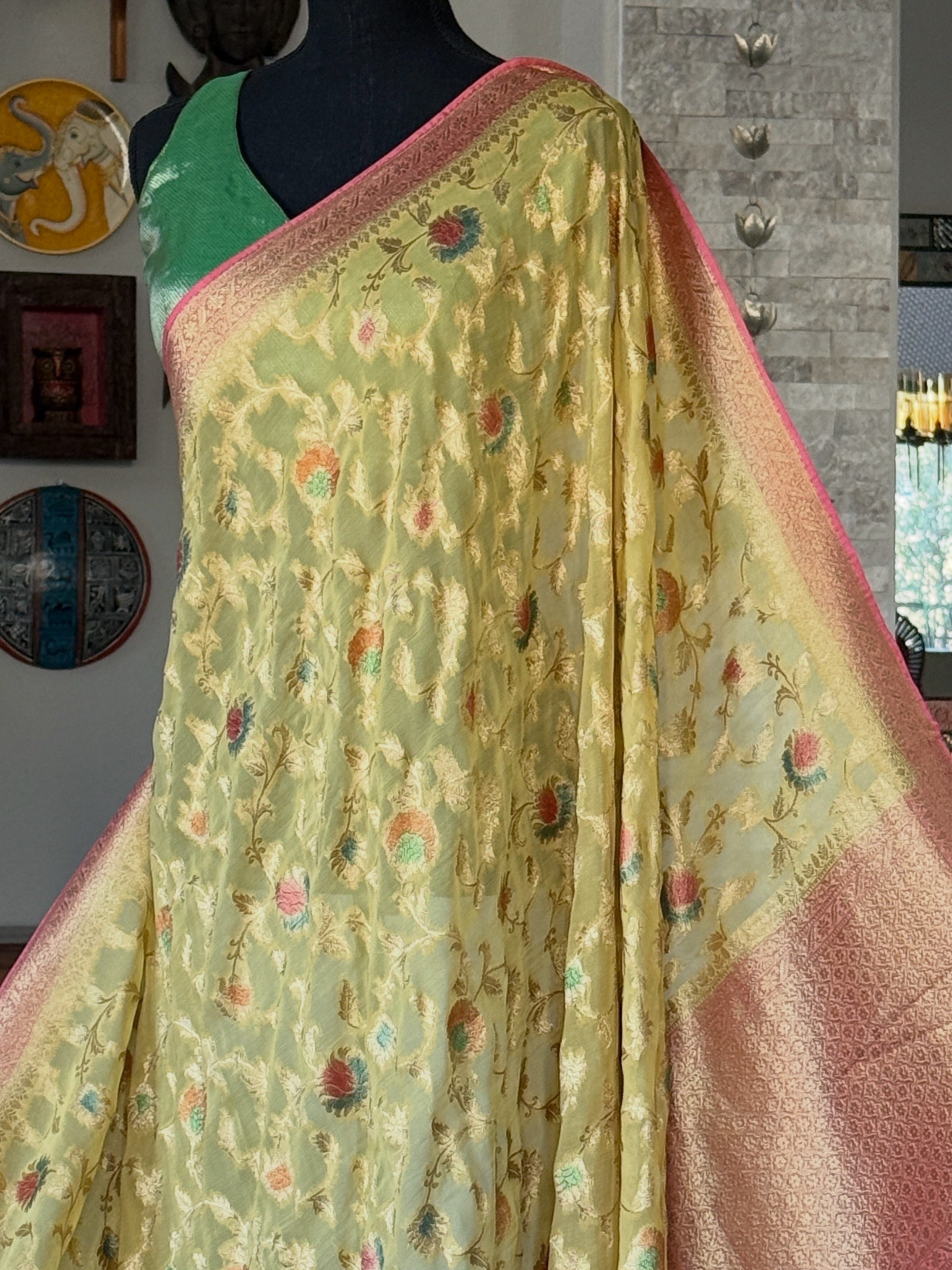 Khaddi Georgette Banarasi - Yellow Meenakari
