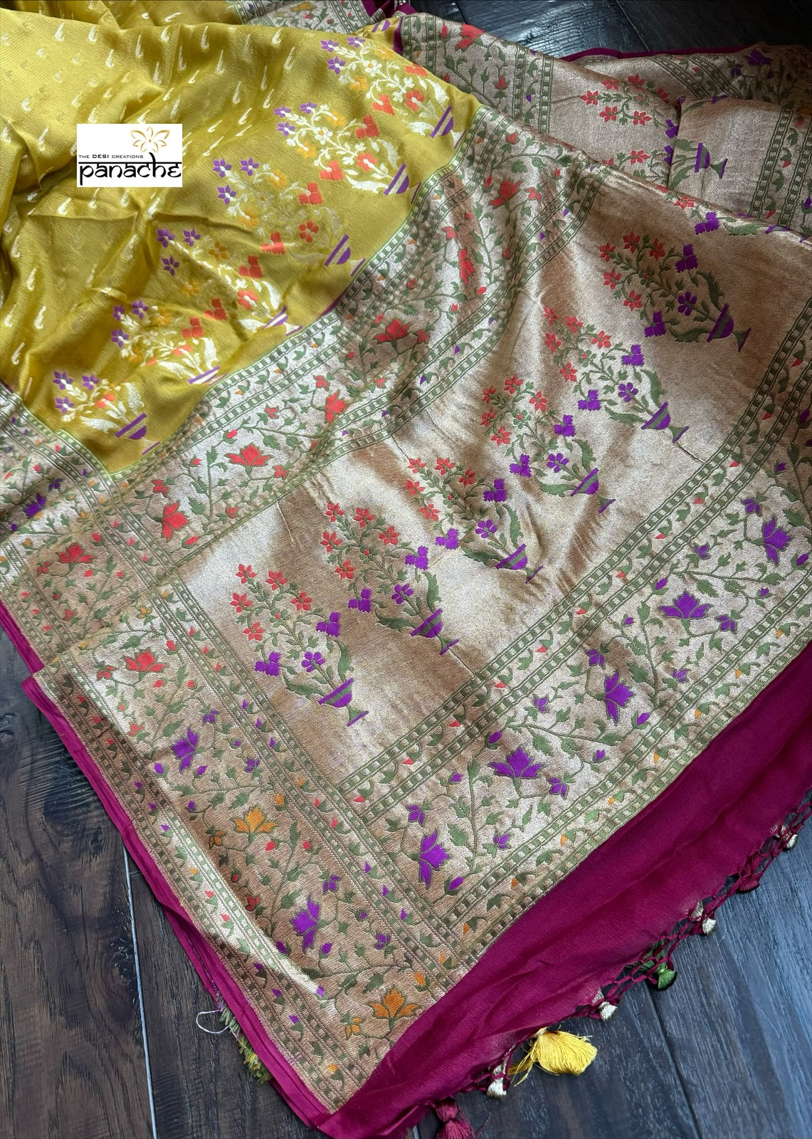 Khaddi Georgette Banarasi - Ochre Yellow Mahenta Paithani