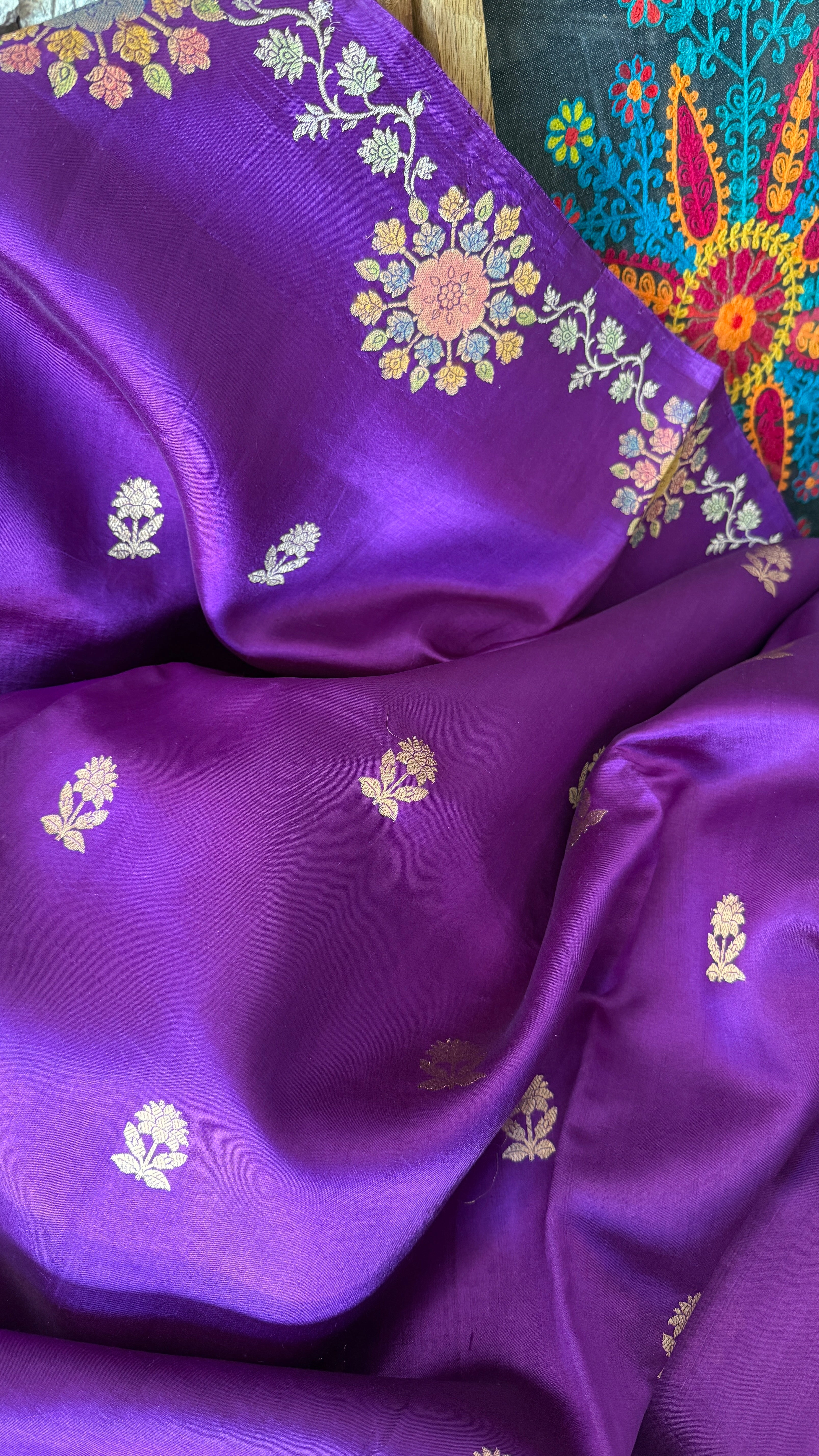 Pure Katan Silk Banarasi - Purple Hand Brush painted