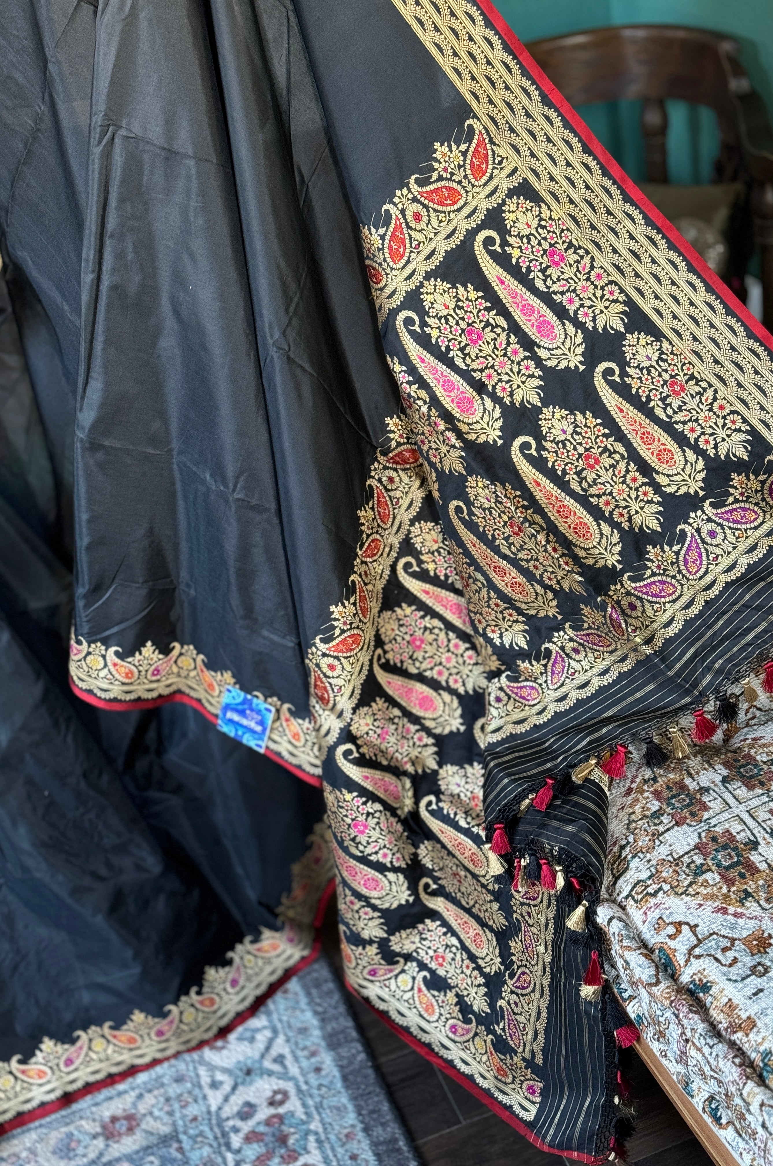 Exclusive Pure Katan Silk Kadhua Banarasi - Black Meenakari