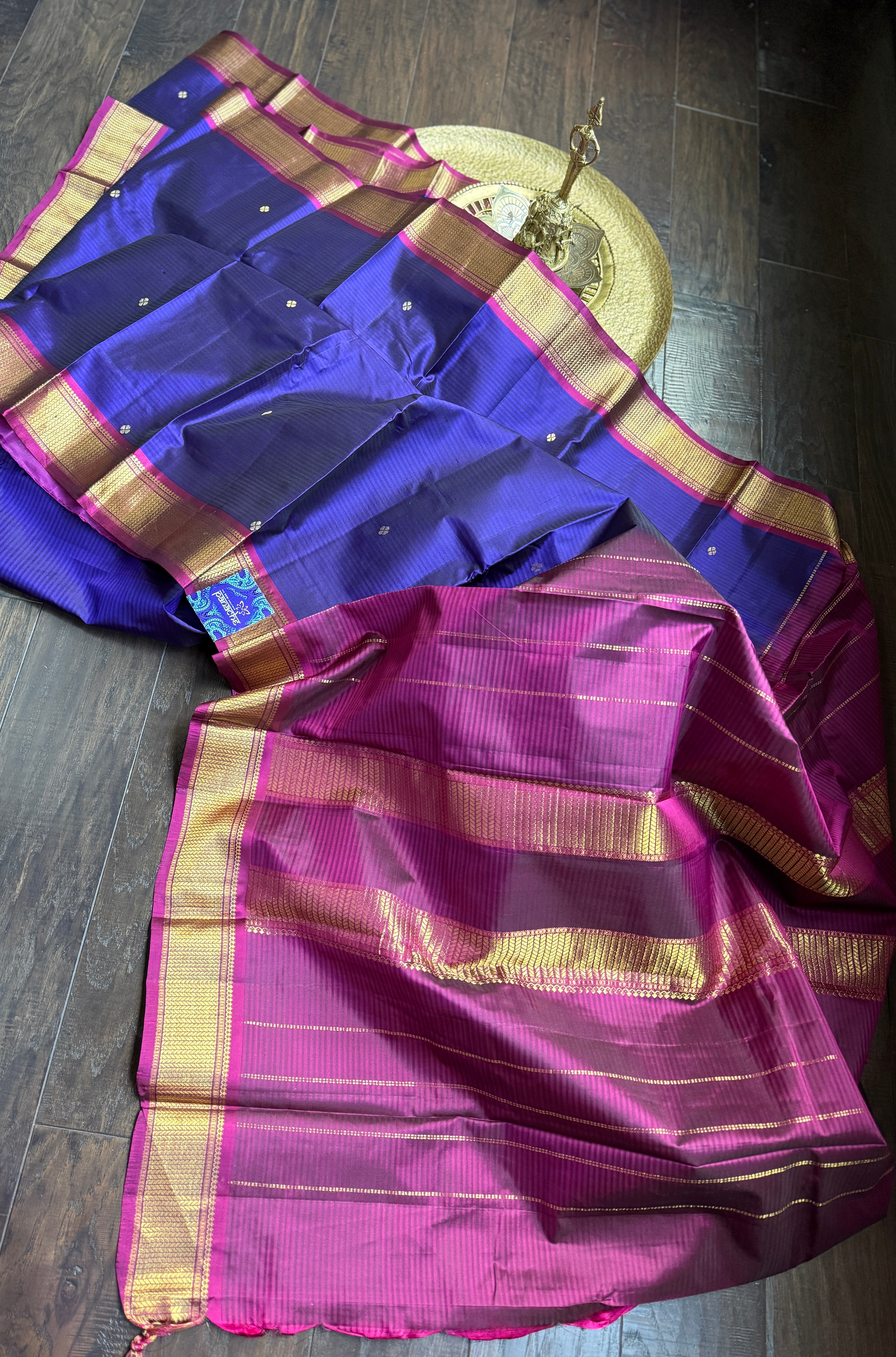 Pure Silk 1gm Zari Kanjivaram - Purple Blue Pink self Stripe