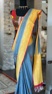 Pure Khaddi Georgette Banarasi - Grey Yellow Kadwa Paisley Meenakari