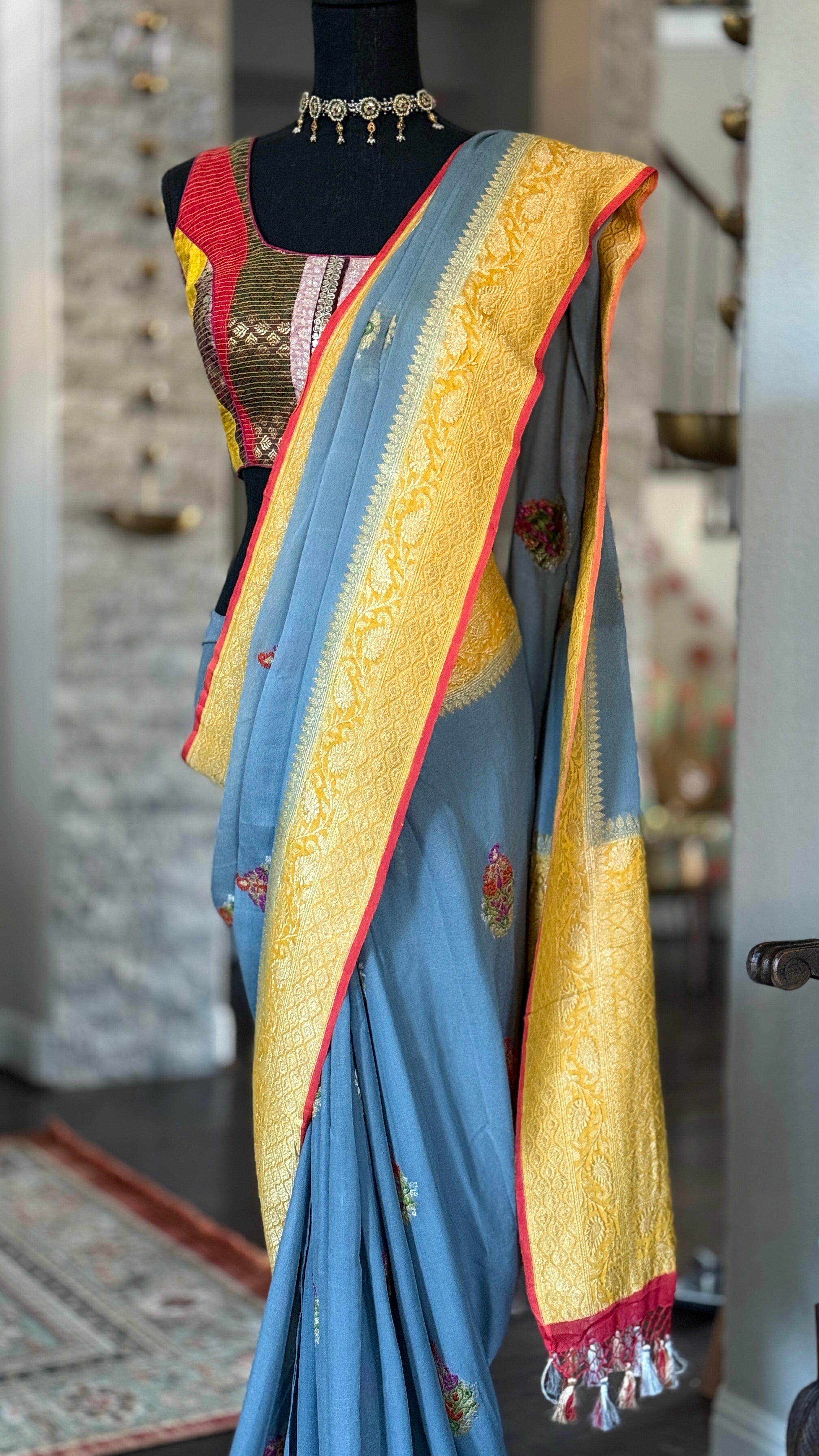 Pure Khaddi Georgette Banarasi - Grey Yellow Kadwa Paisley Meenakari