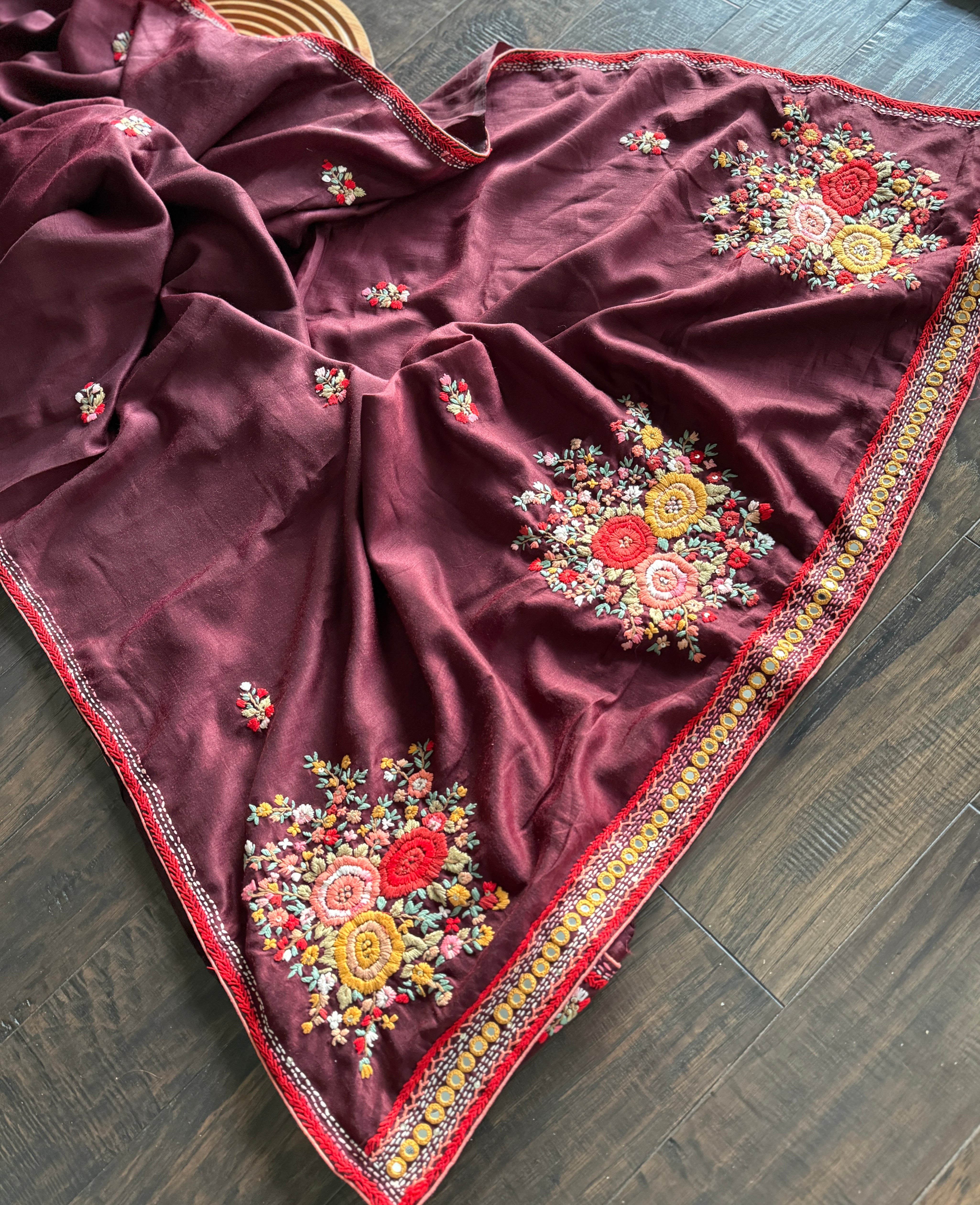 Designer Muga Embroidered - Wine Maroon