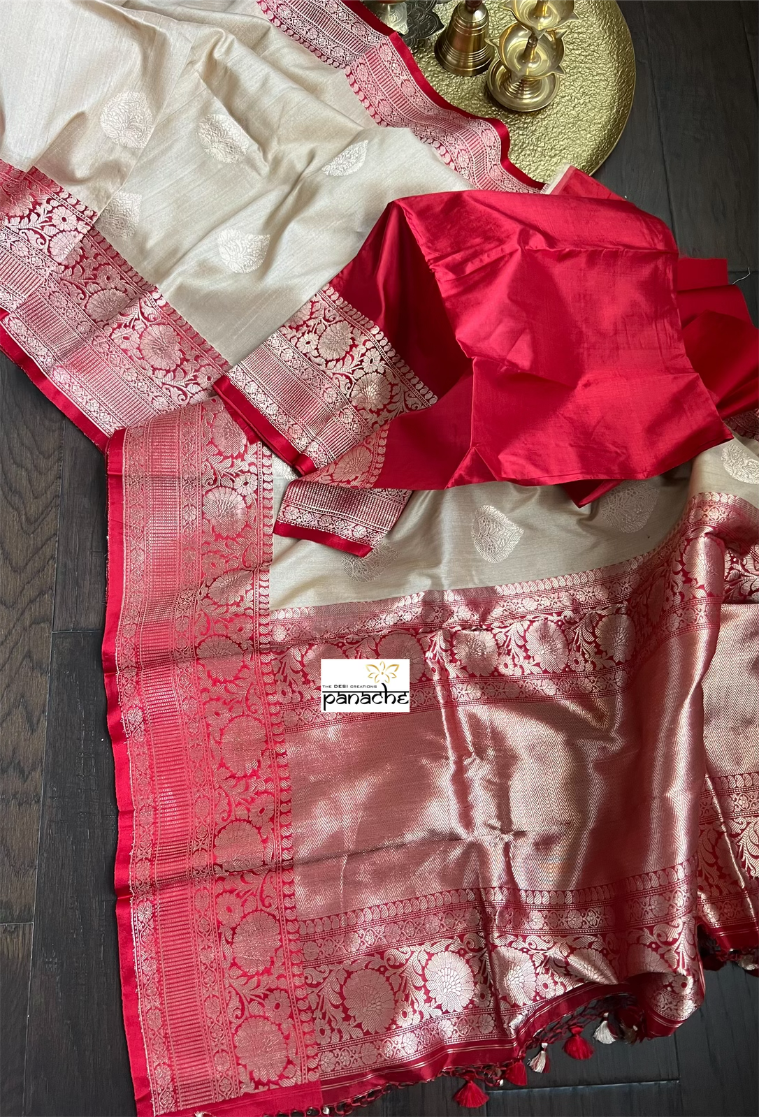 Tussar Silk Banarasi - Tan Beige Red