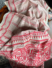 Pure Tussar Silk Kantha Stitch -  Beige Red