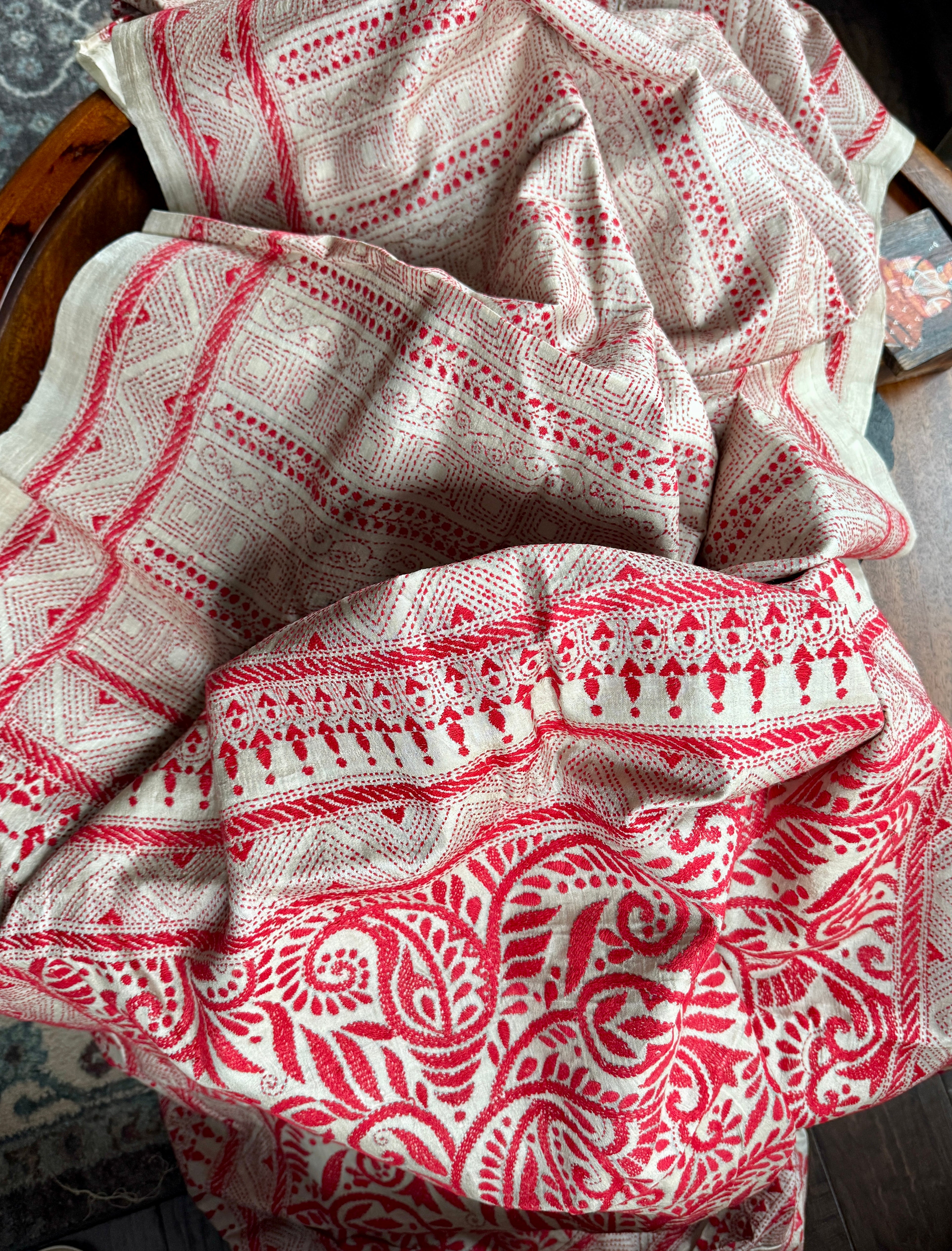 Pure Tussar Silk Kantha Stitch -  Beige Red