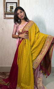 Khaddi Georgette Banarasi - Ochre Yellow Mahenta Paithani