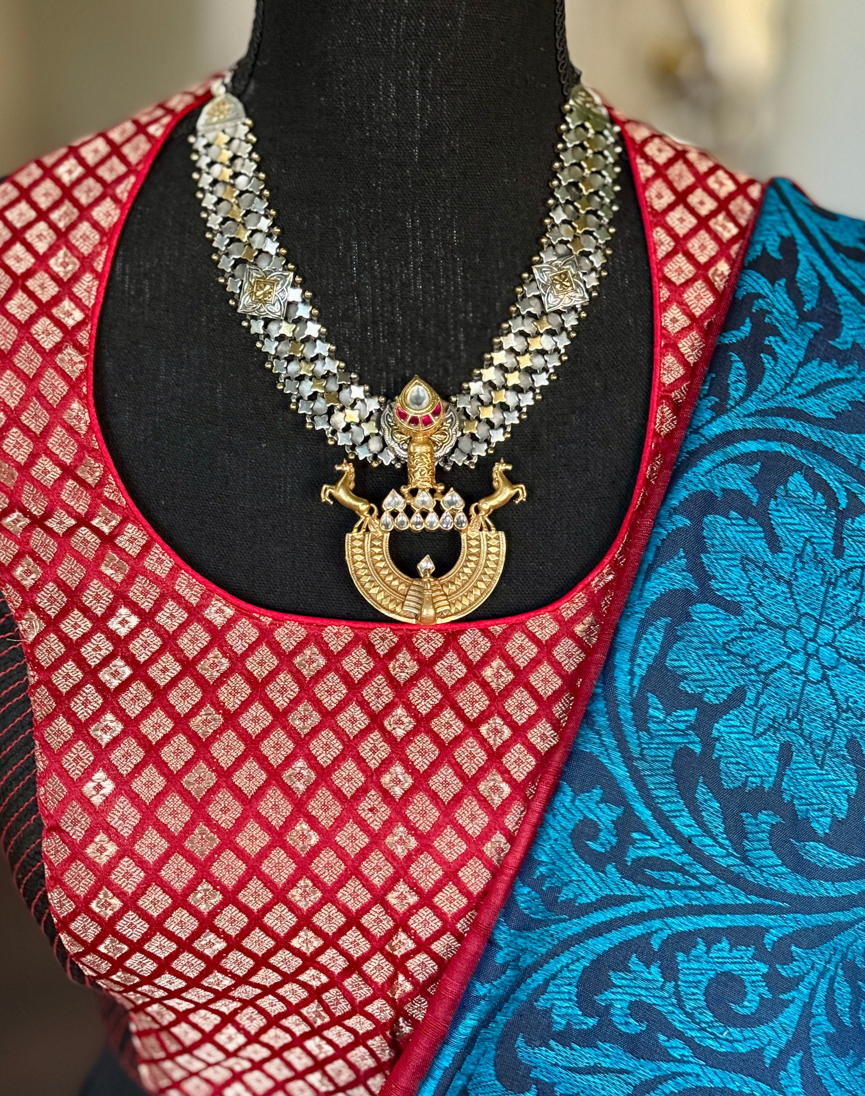 Pure Silver 925 Necklace- Kundan Pendant Statement Dual Tone2