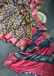 Soft Gicha Silk Printed - Black Red Yellow Kalamkari