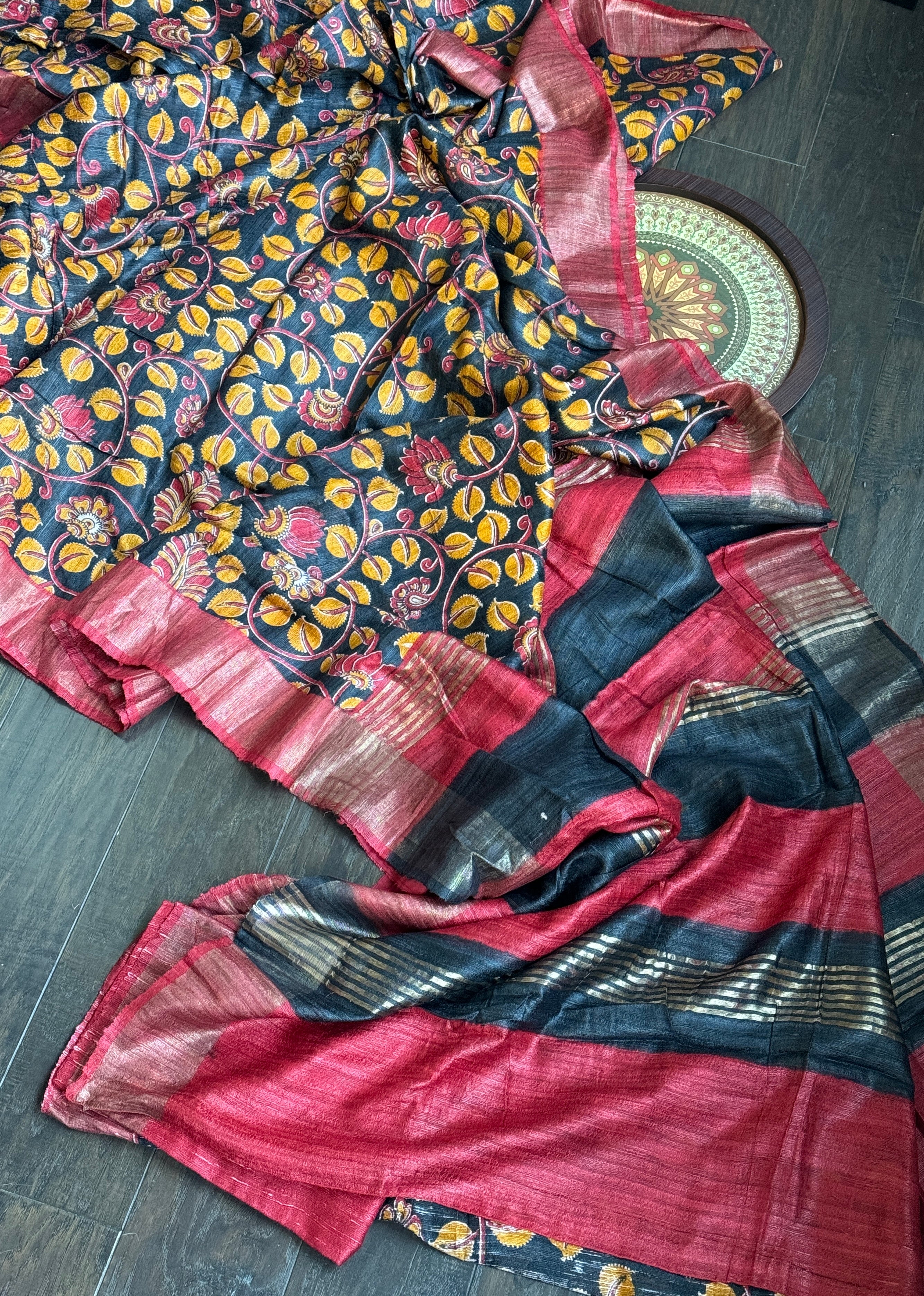 Soft Gicha Silk Printed - Black Red Yellow Kalamkari