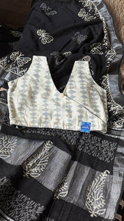 Designer Cotton Blouse - Offwhite Black Ikat