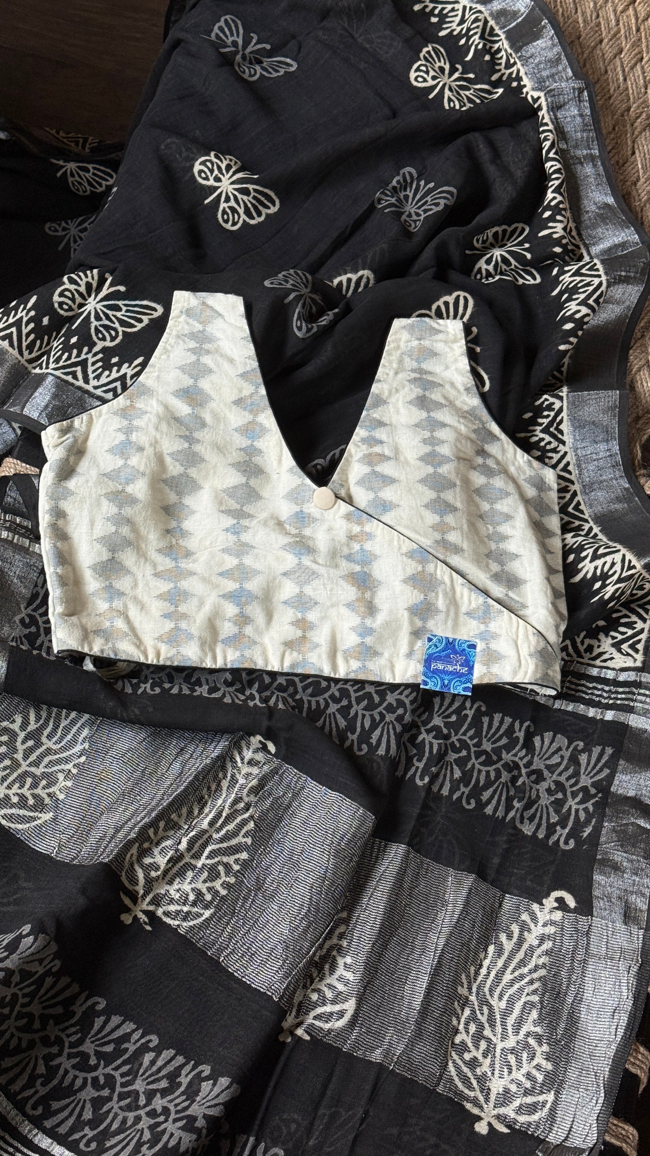 Designer Cotton Blouse - Offwhite Black Ikat