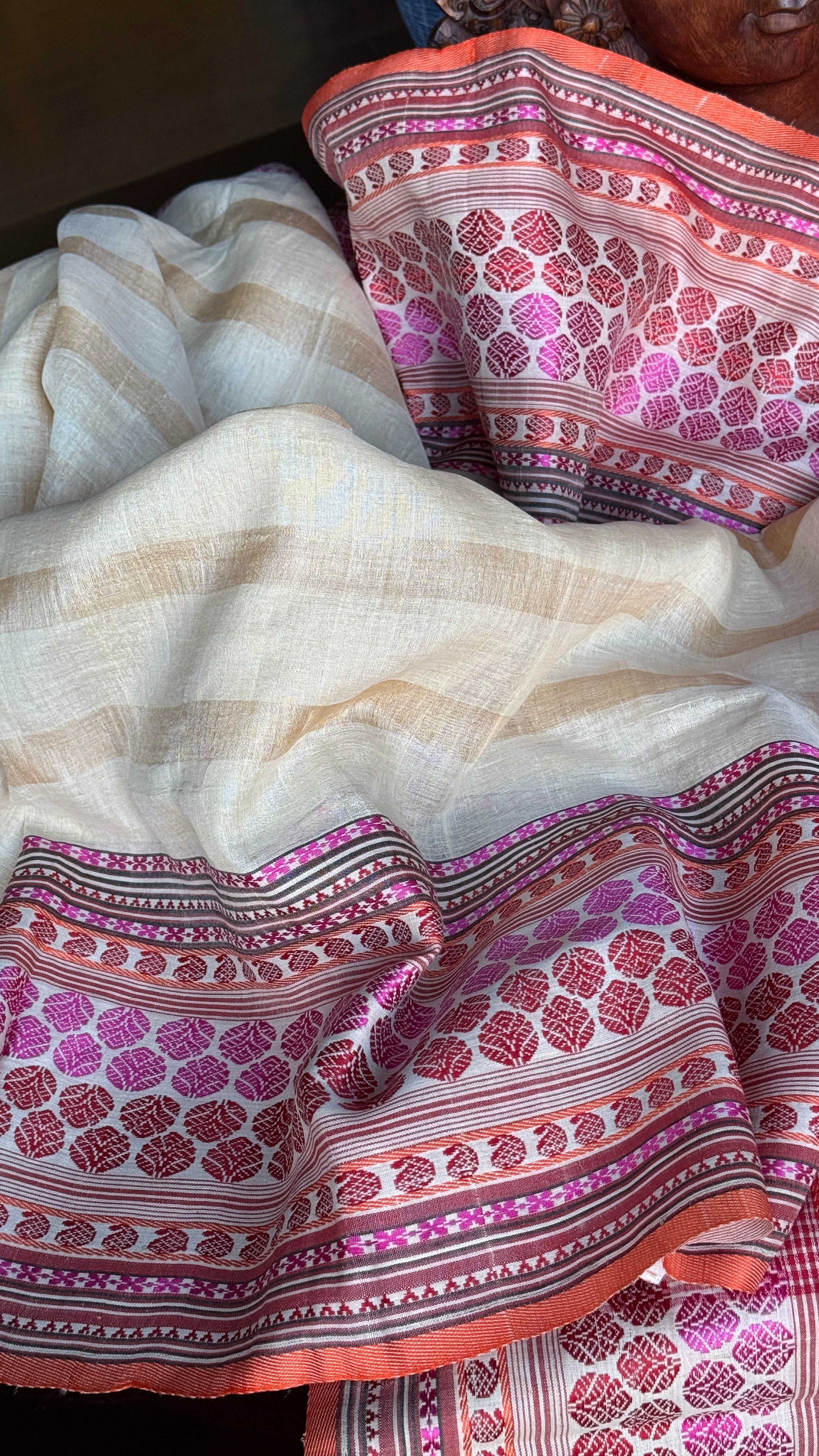 Pure Tussar Silk - Beige Striped Multi color