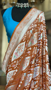 Khaddi Georgette Banarasi - Light Orange Hand Brush Painted