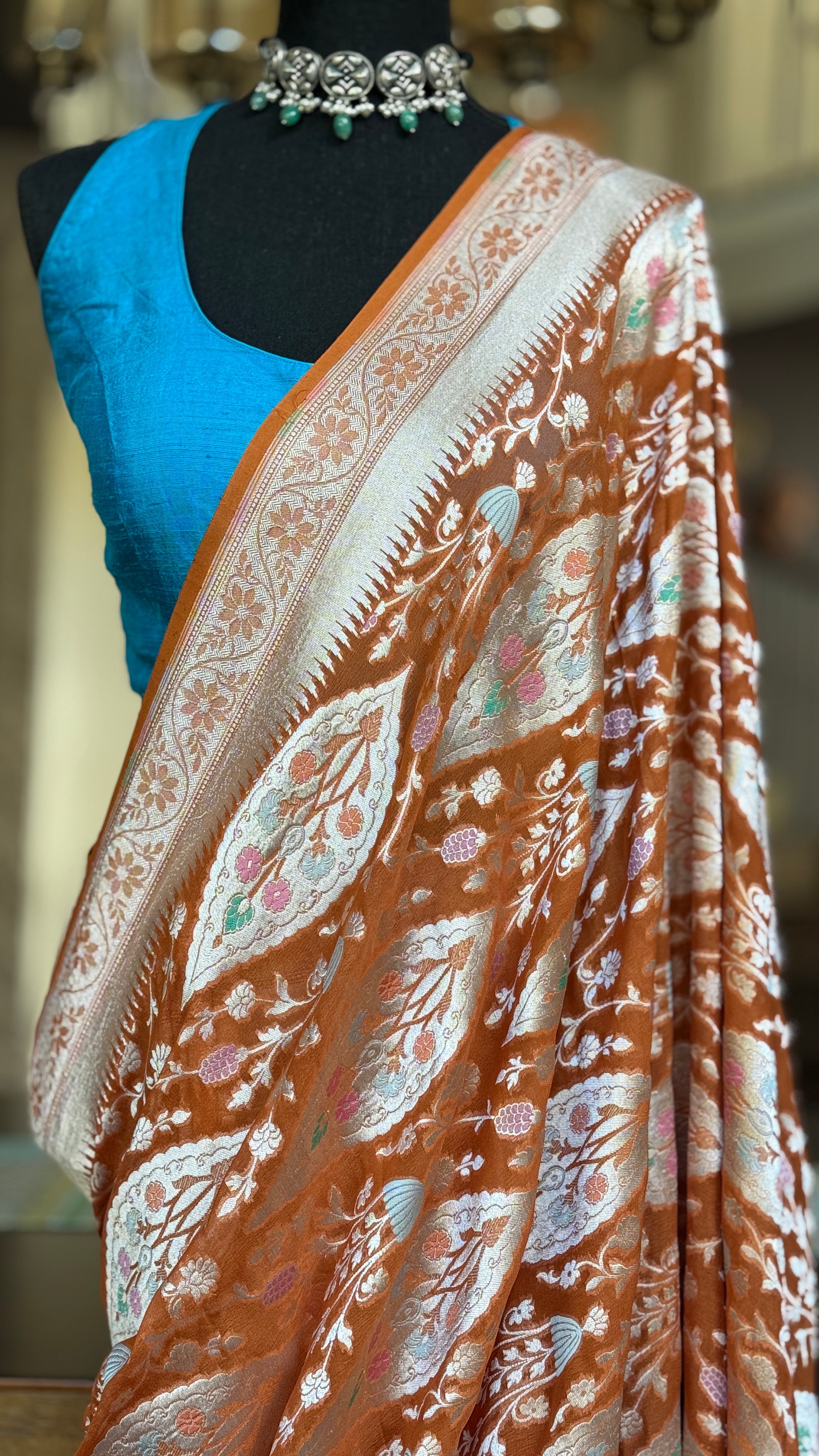 Khaddi Georgette Banarasi - Light Orange Hand Brush Painted