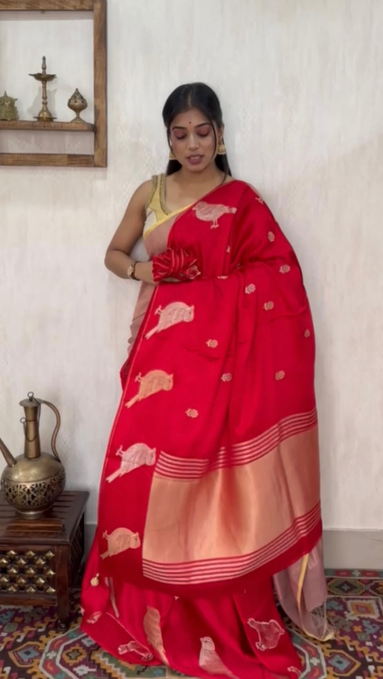 Designer Satin Silk - Red Bird Woven