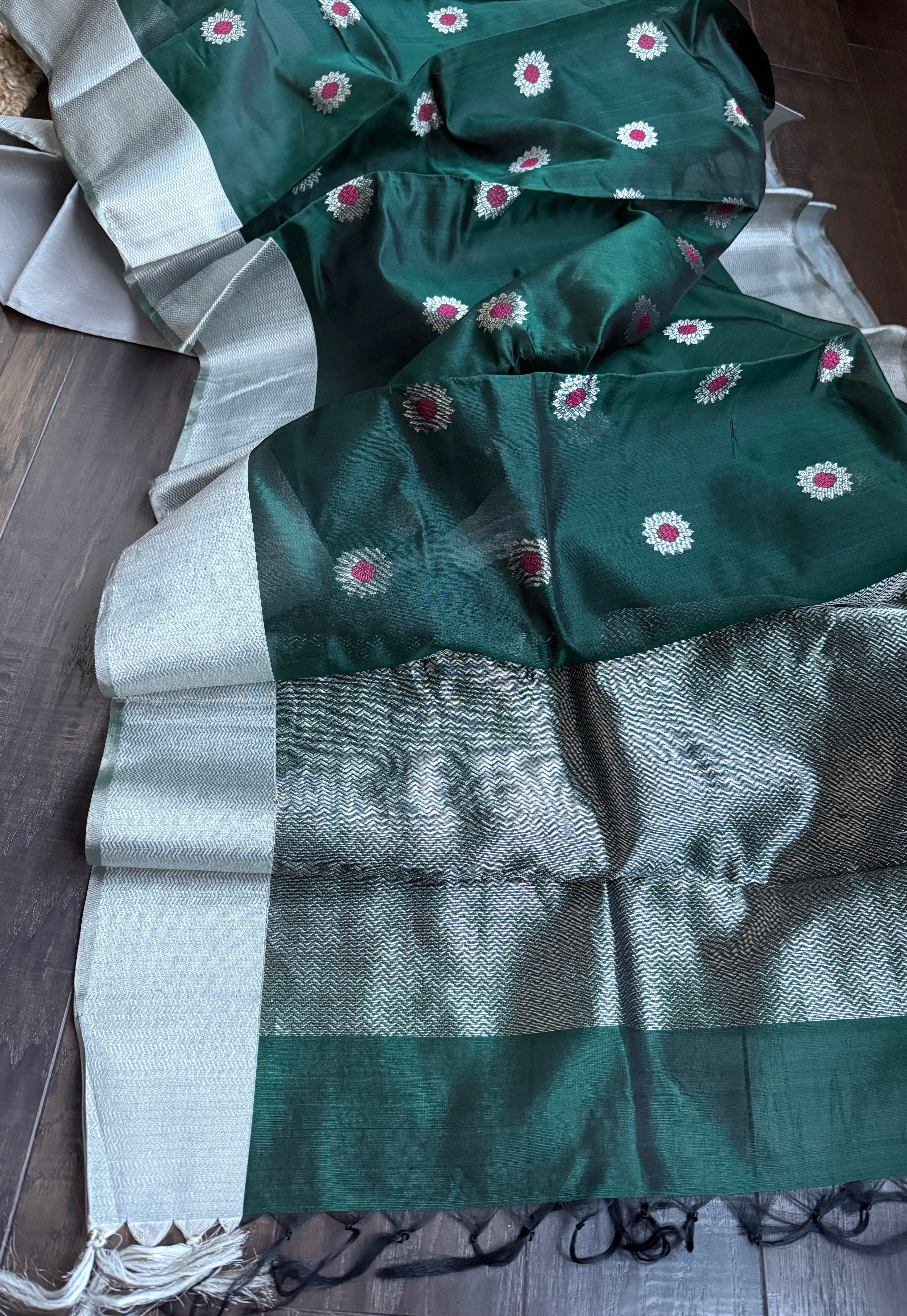 Pure Chanderi Pattu Silk - Dark Teal Green Meenakari