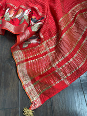 Designer Cotton Silk Banaras Chanderi - Red Bird Embroidered