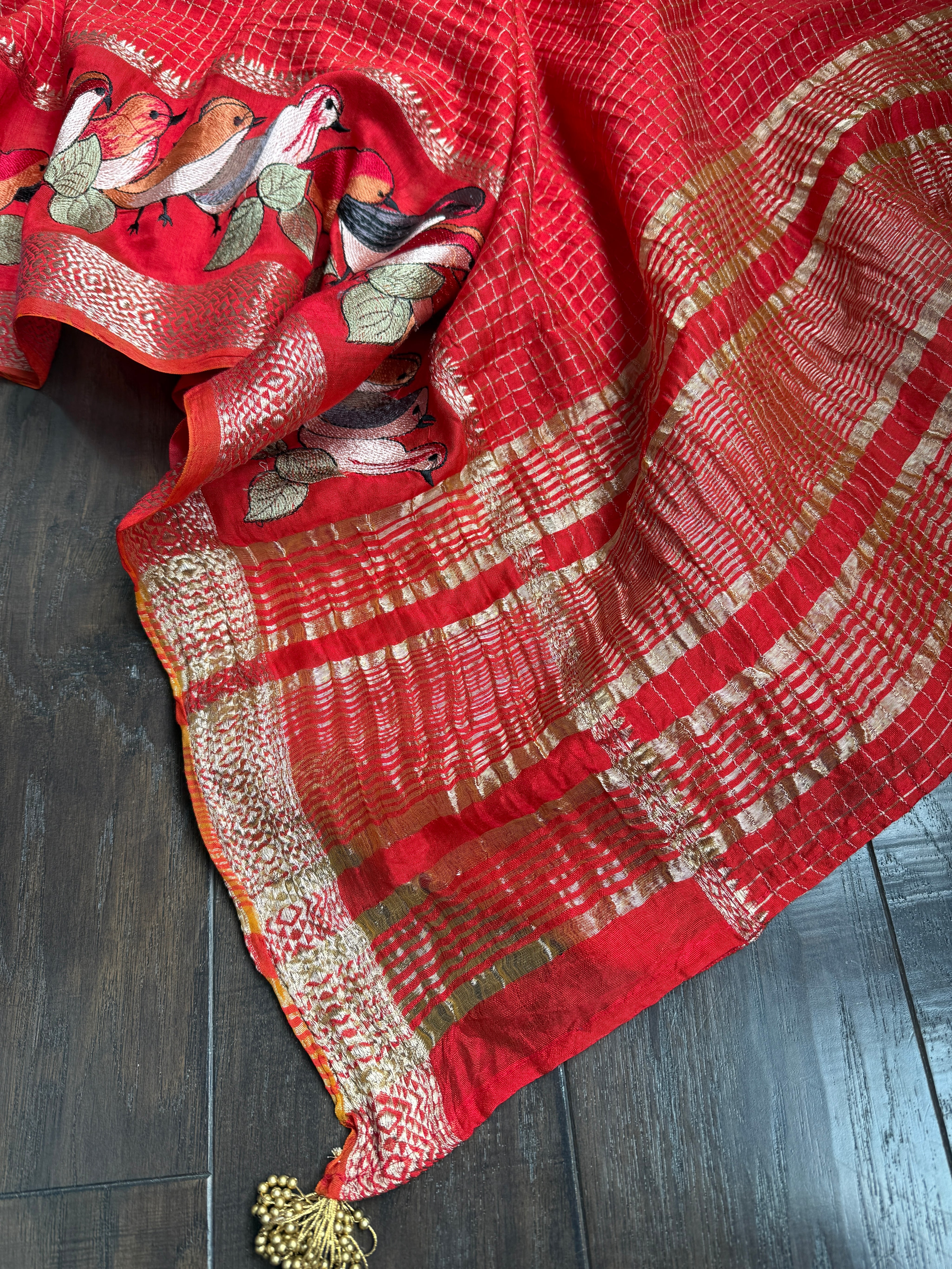Designer Cotton Silk Banaras Chanderi - Red Bird Embroidered