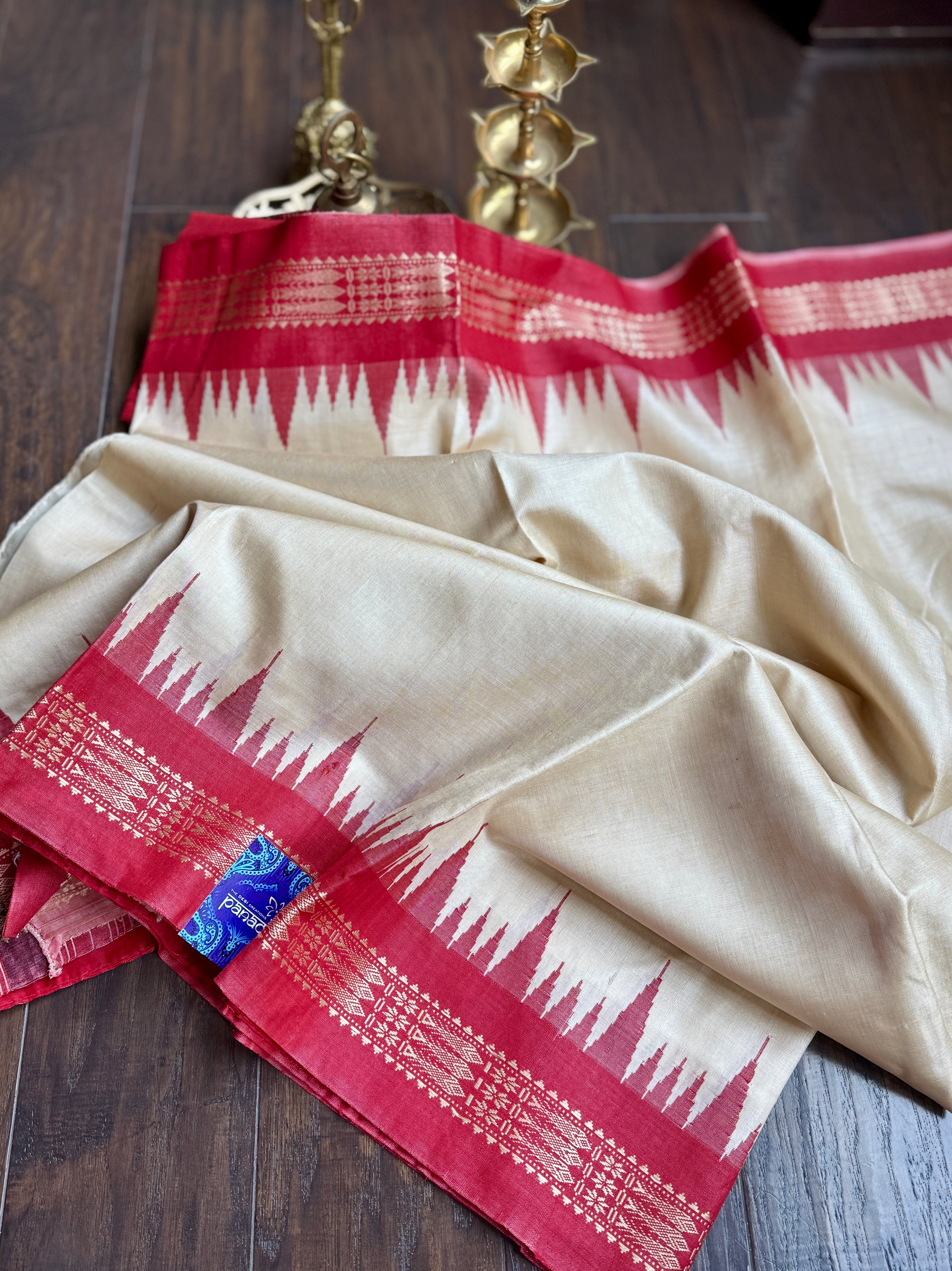 Pure Tussar Silk - Beige Red Ikat Palla