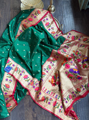 Pure Silk Paithani Single Munia - Green Red Woven