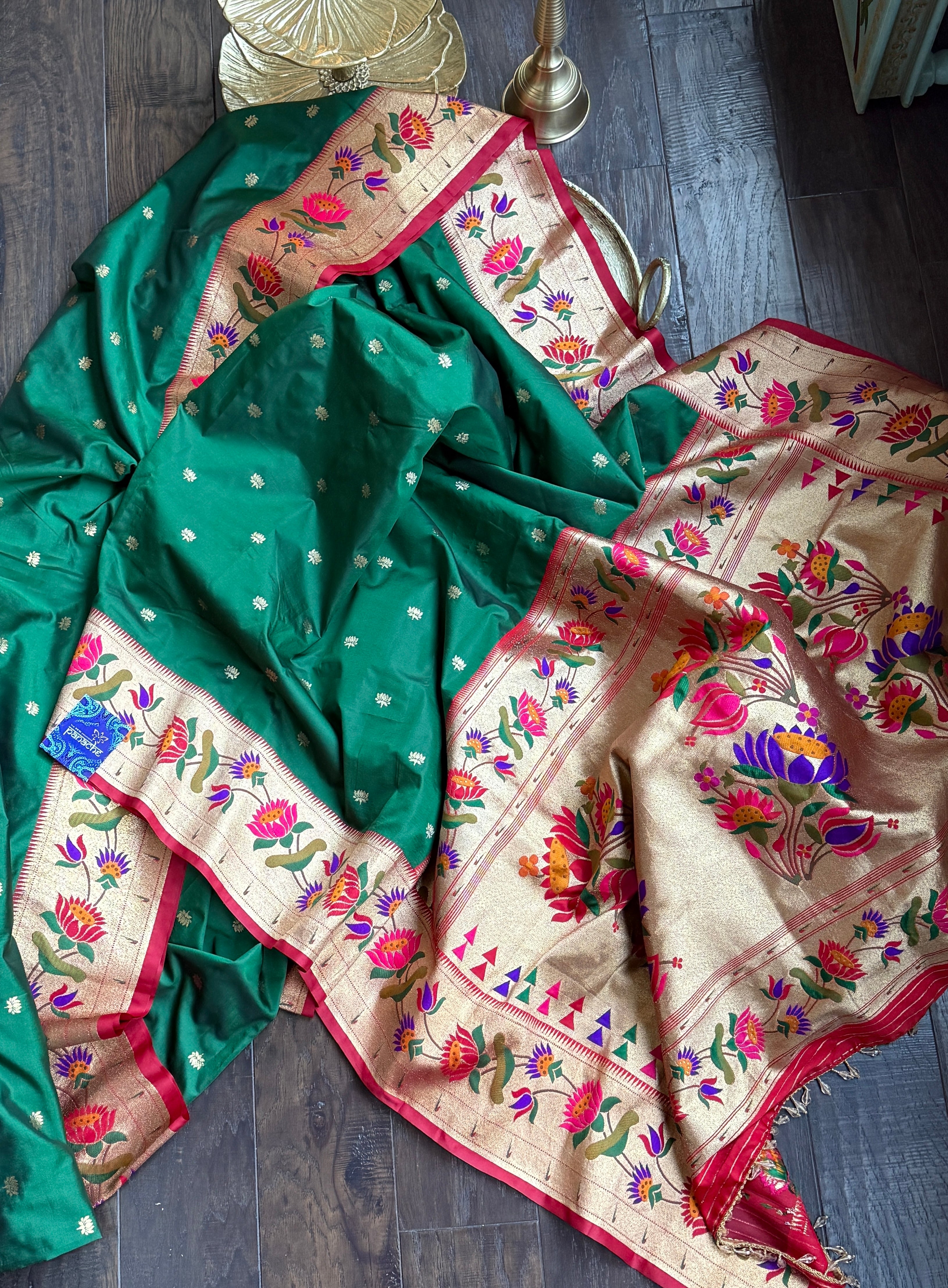 Pure Silk Paithani Single Munia - Green Red Woven