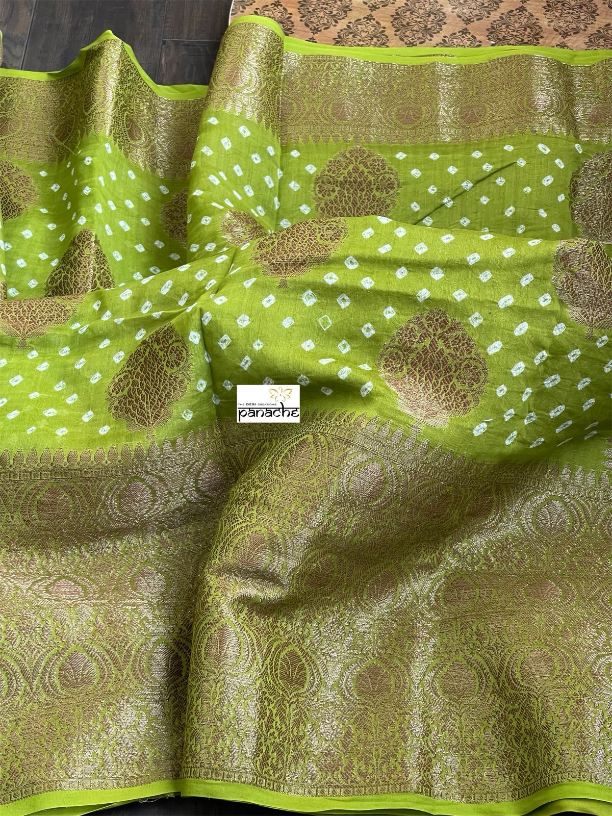 Silk Cotton Bandhani Banaras Chanderi - Green Gold Zari