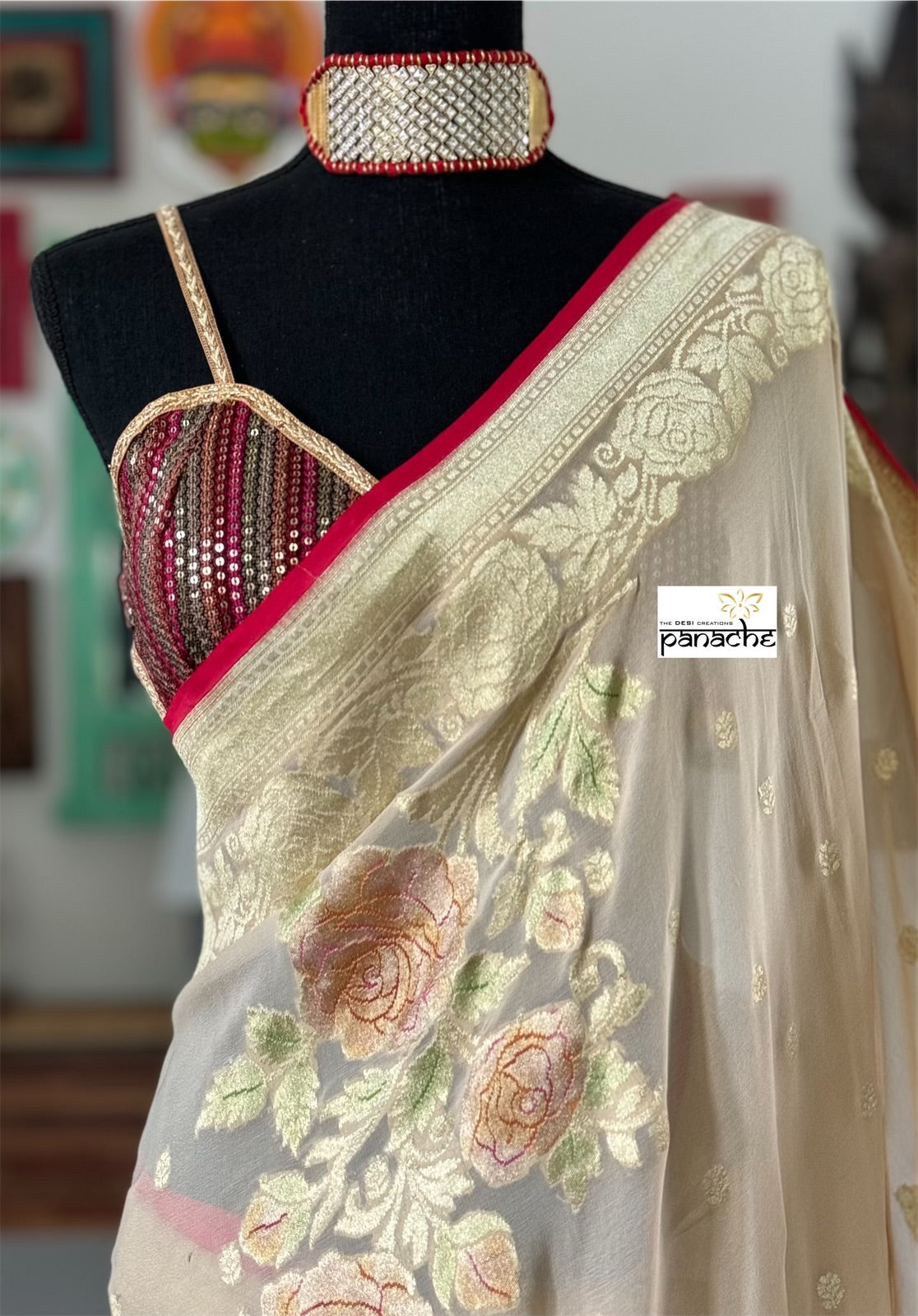 Khaddi Georgette Banarasi - Tan Beige Red