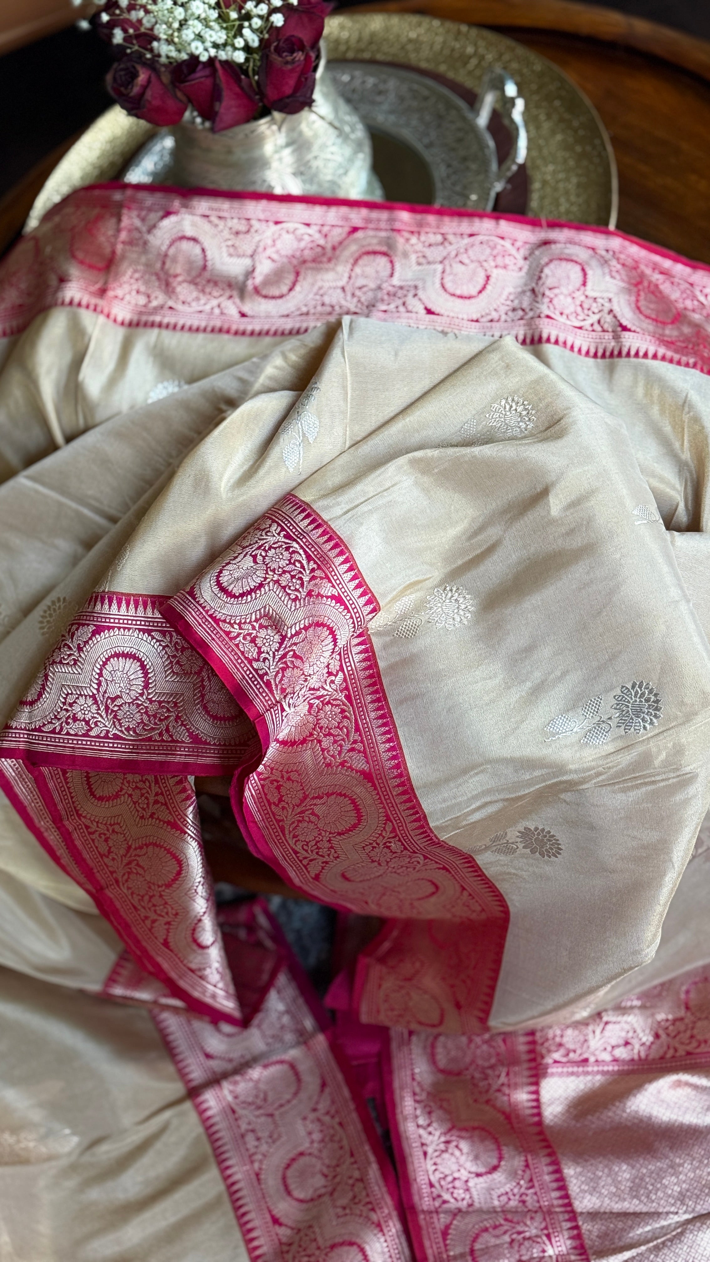Pure Tissue Katan Silk Banarasi - Golden Beige Magenta