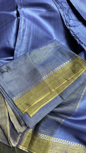Handwoven Tussar Silk - Blue Violet Golden Zari