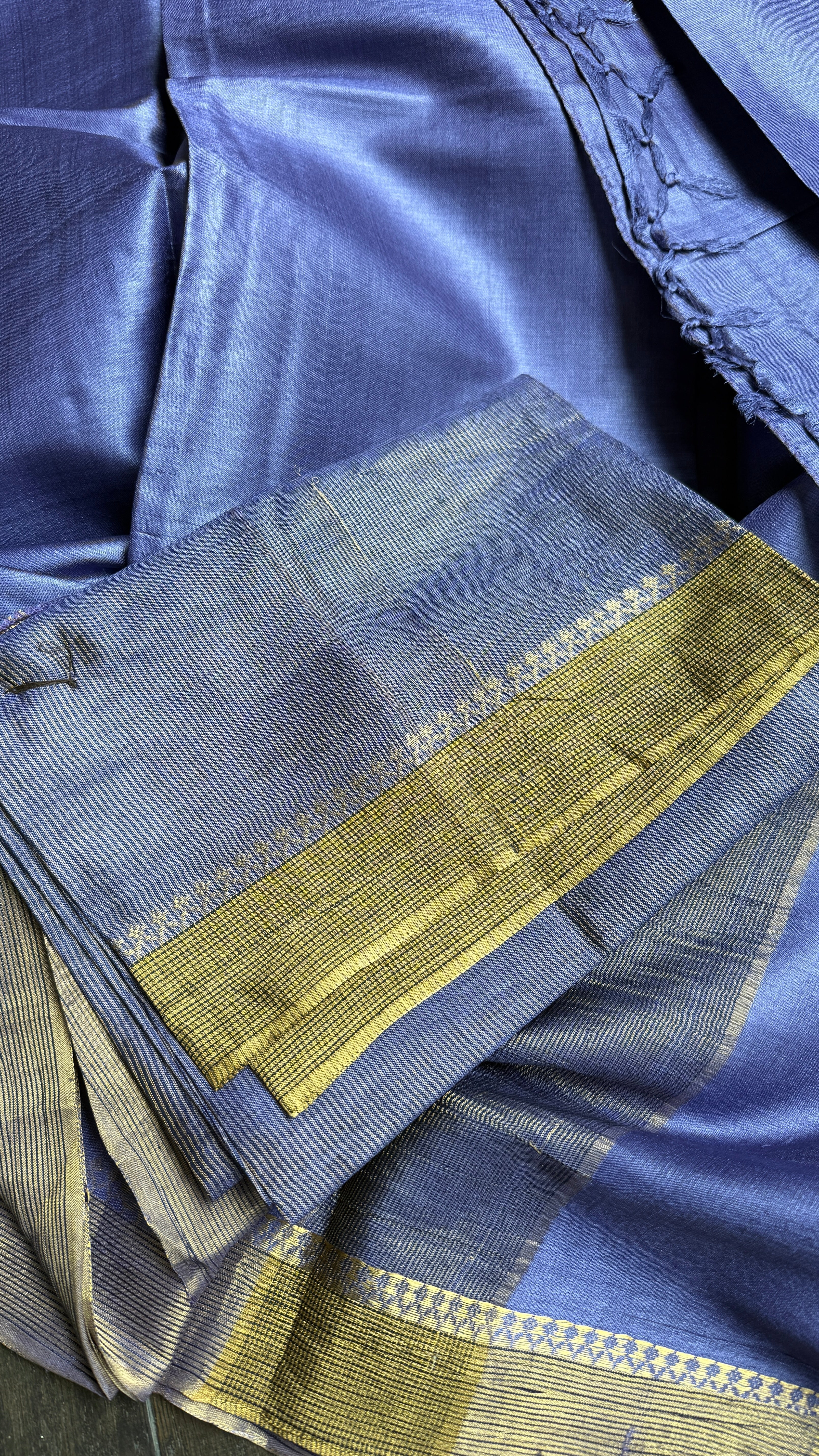 Handwoven Tussar Silk - Blue Violet Golden Zari