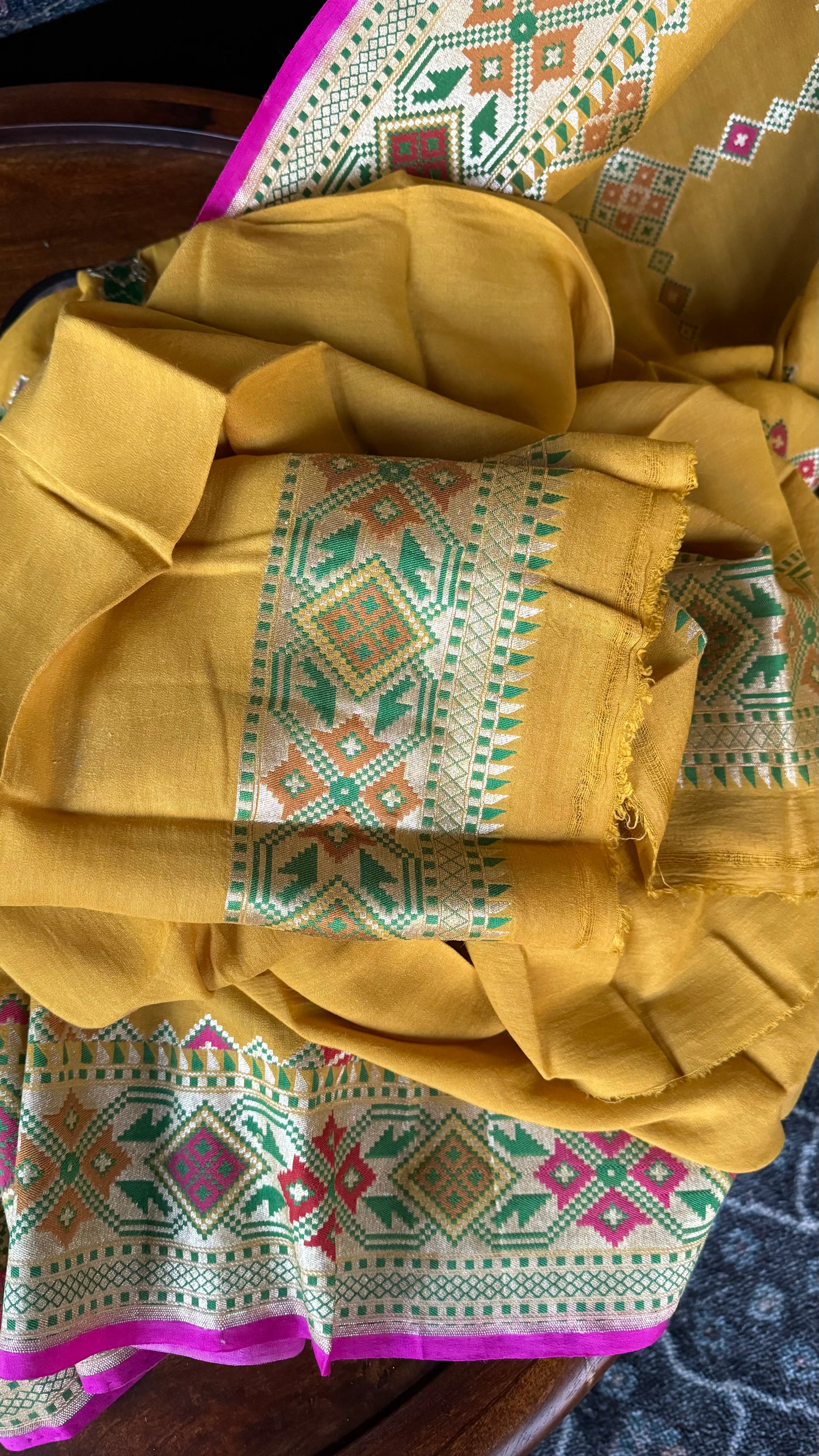 Khaddi Muga Silk Tilfi Banarasi - Yellow Pink Woven