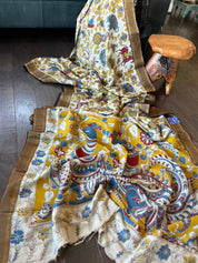 Chinori Silk Kalamkari  - Dusty White Yellow Kalamkari