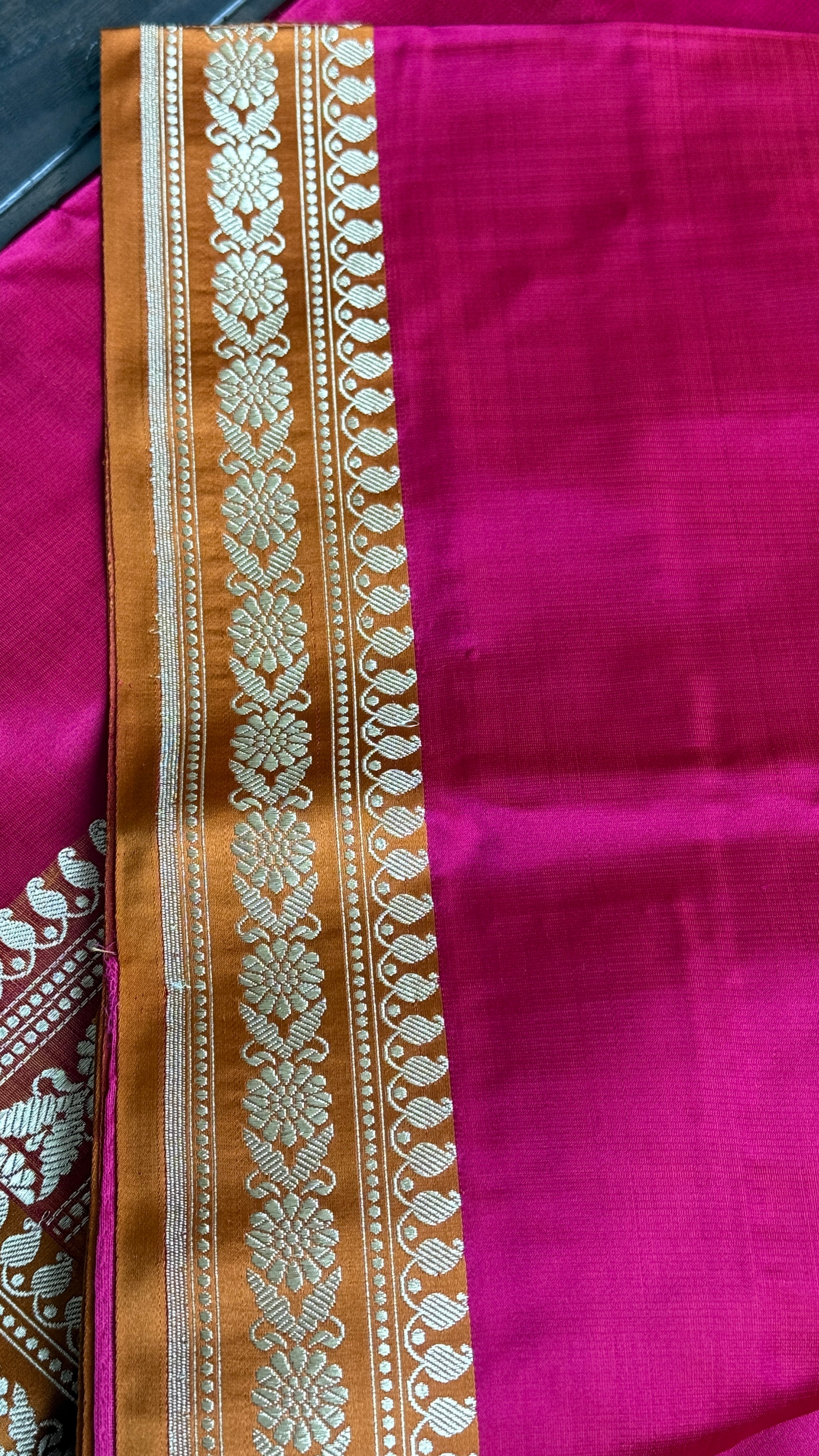 Pure Silk Mashru Banarasi- Rani Pink Ochre Orange