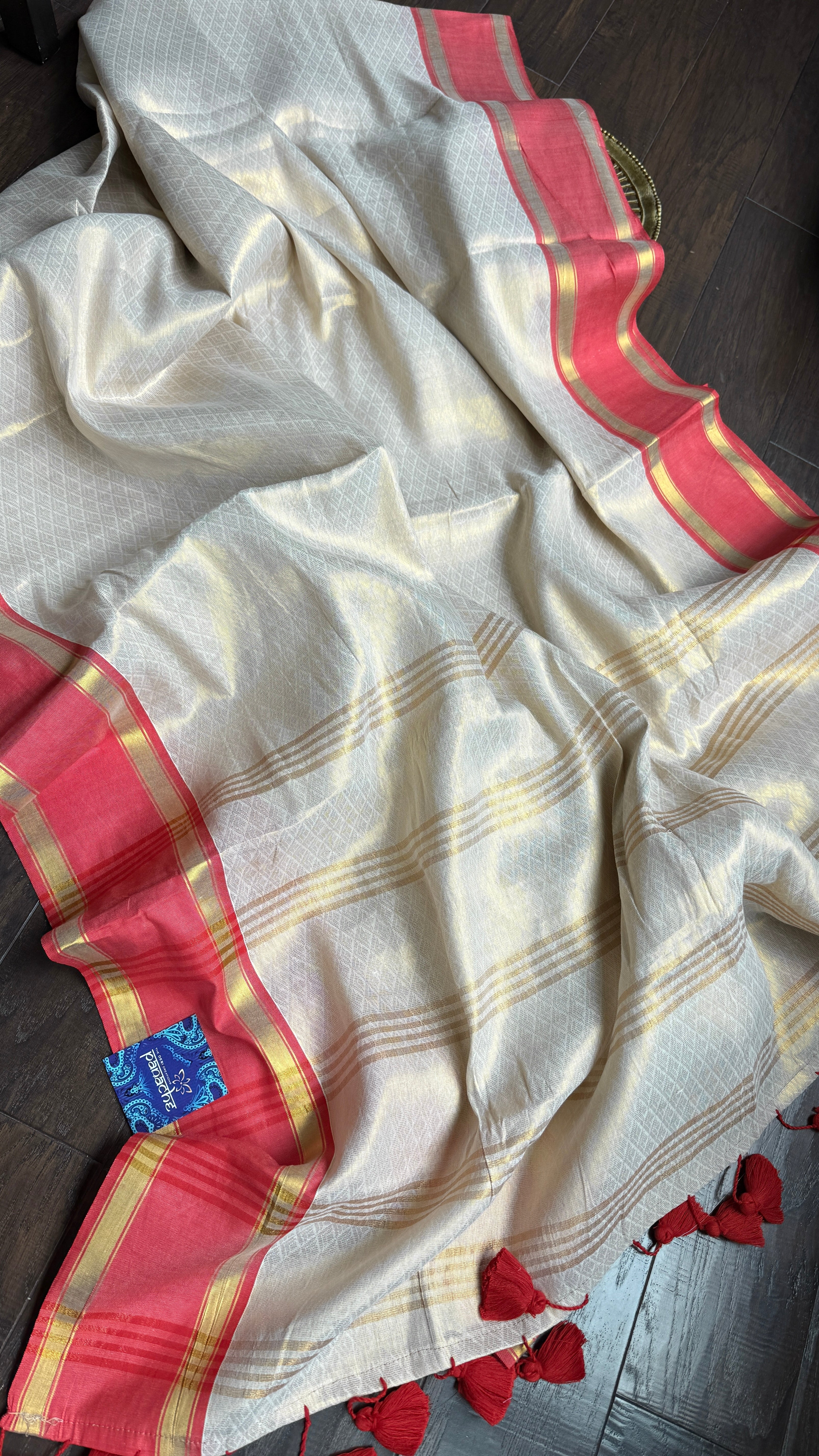 Pure Mul Tissue Cotton Saree - Beige Golden