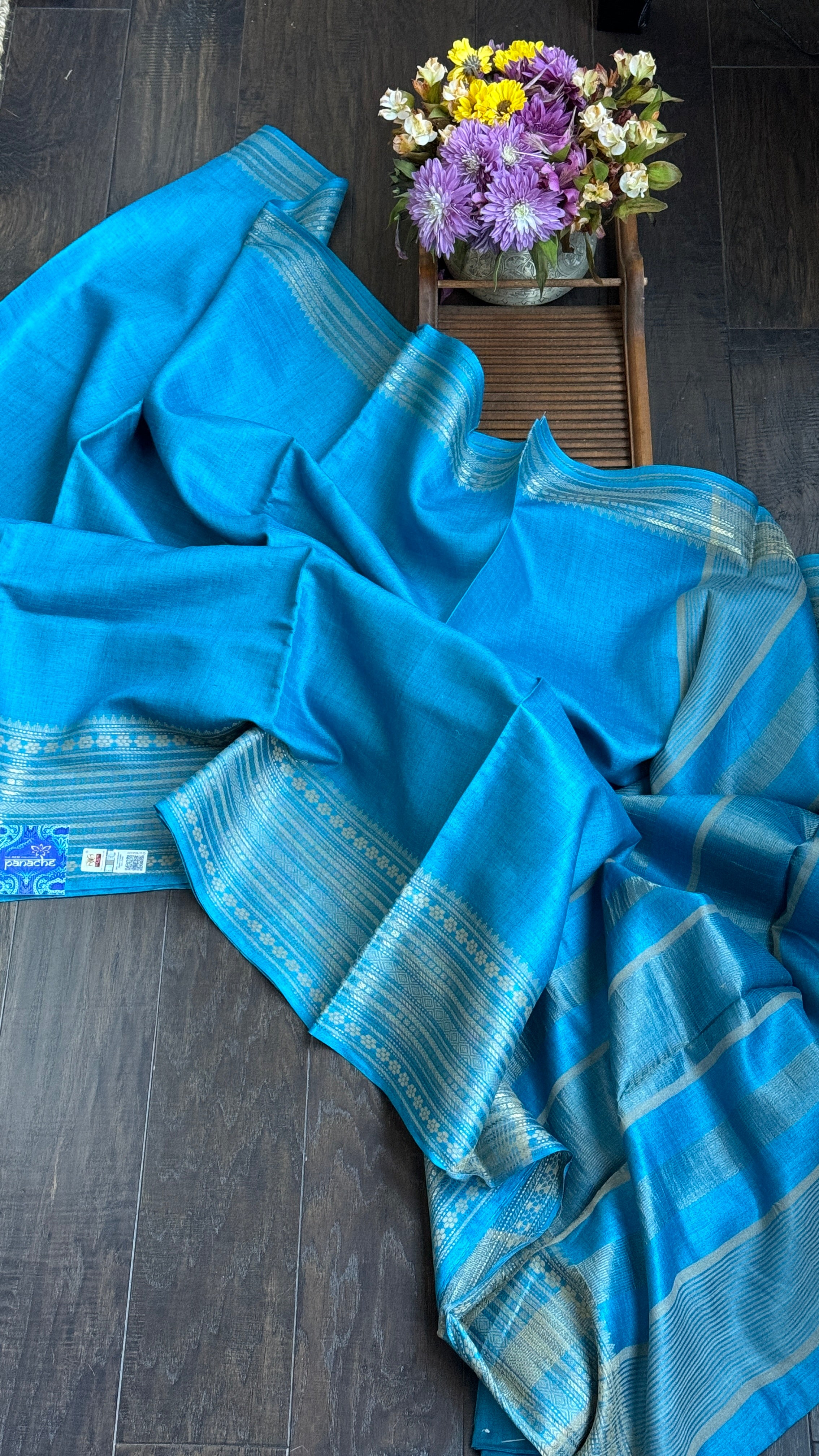 Handwoven Tussar Silk - Firozi Blue Golden Zari