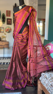 Pure Chanderi Tissue Silk - Rust Pink Striped woven