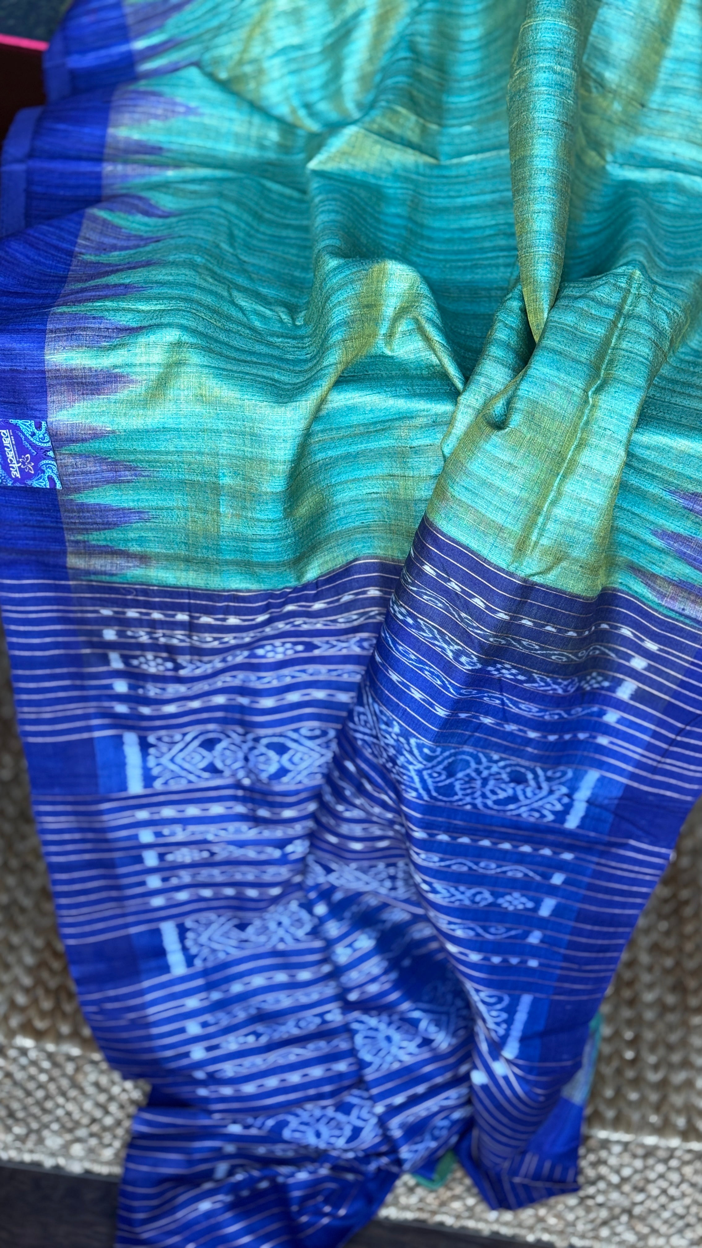 Gopalpur Tussar Silk Ikat - Sea green Royal Blue