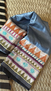 Pure Tussar Silk Kantha Stitch -  Grey Multi Color