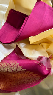 Pure Silk Borderless Kanjivaram - Butter Yellow Magenta Woven