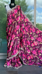 Designer Crepe Satin - Wine Maroon Multi Color