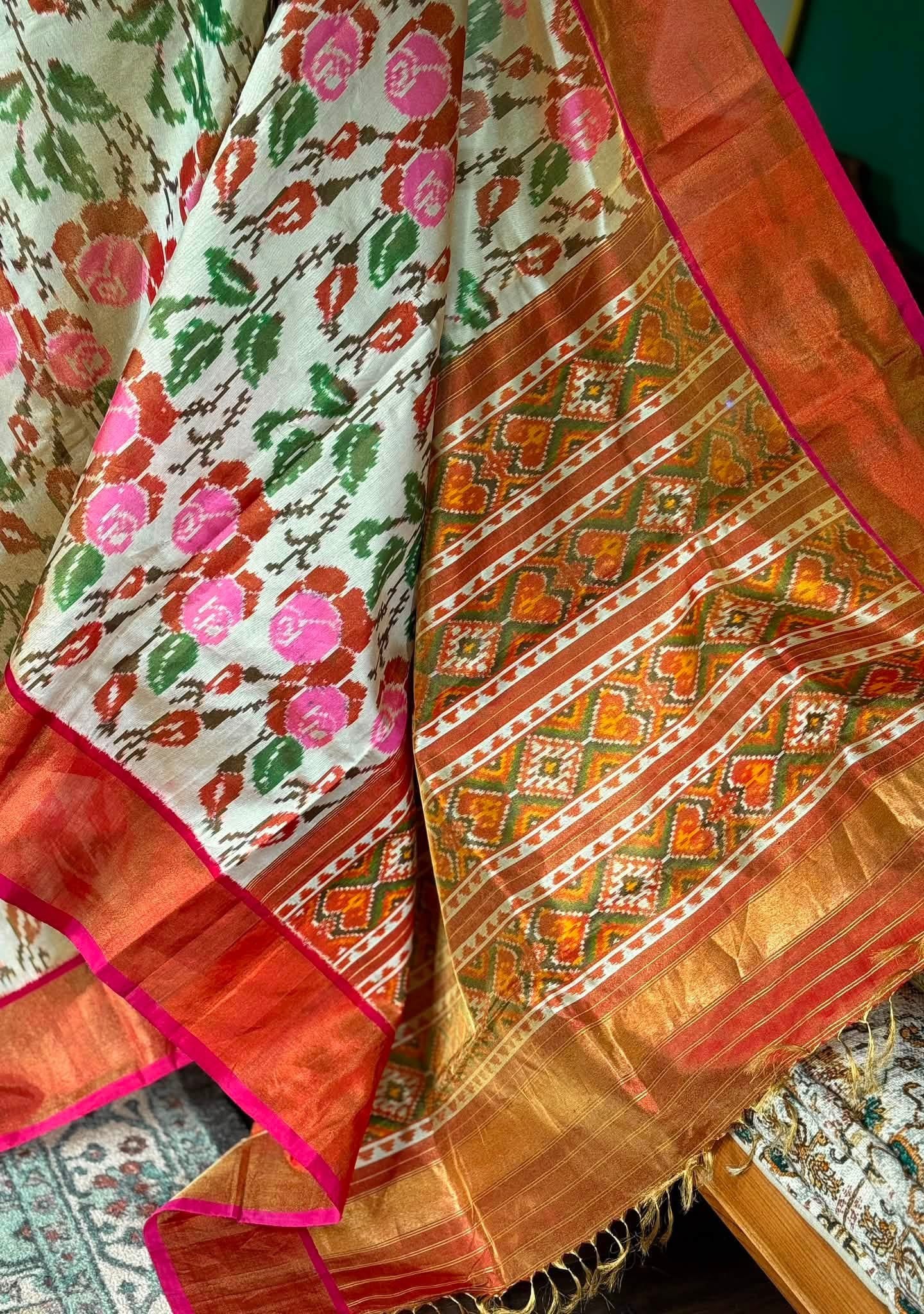Pure Silk Tissue Ikat - Golden Cream Rust Pink