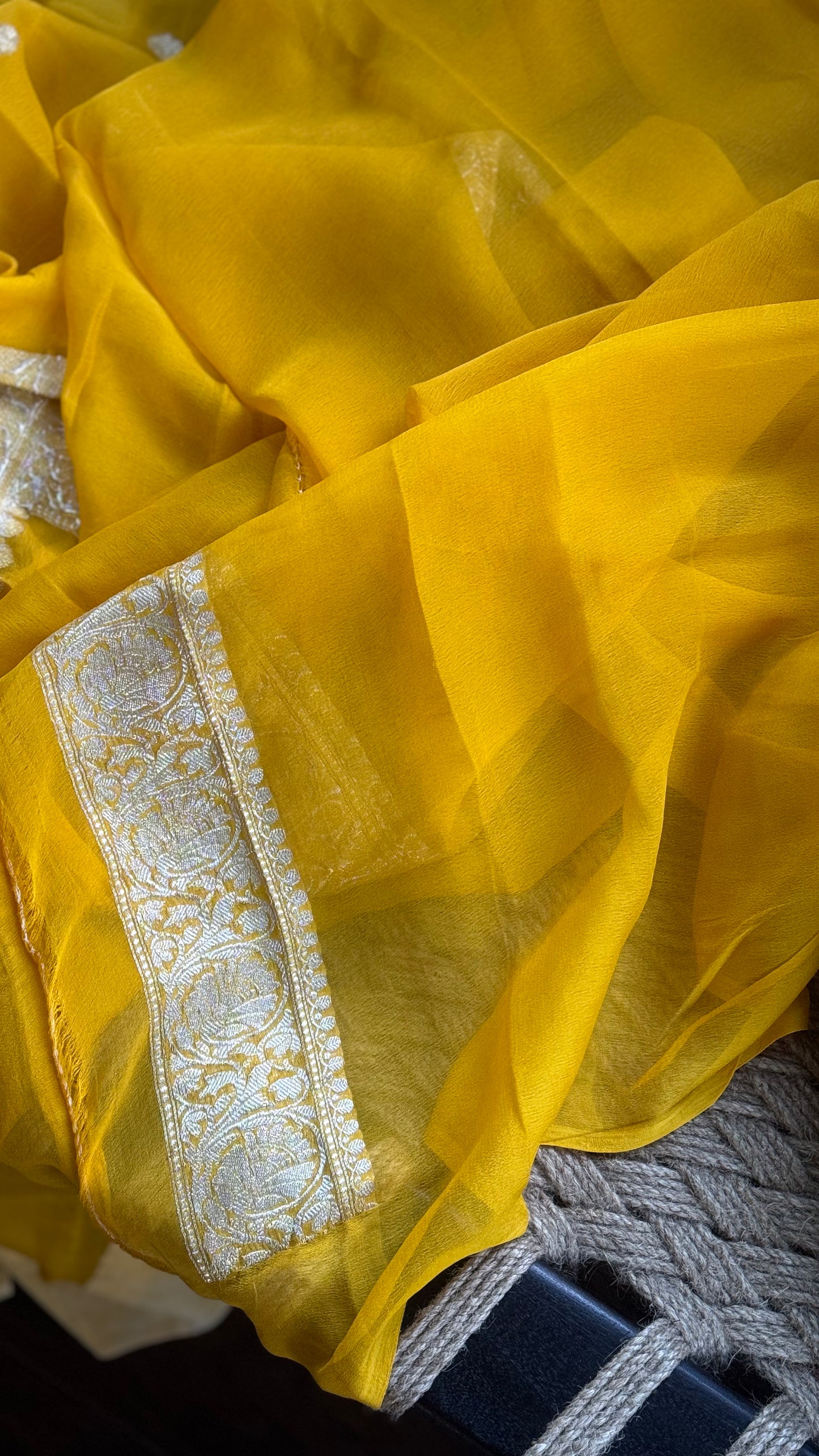 Khaddi Chiffon Kadwa Banarasi - Yellow Silver Zari