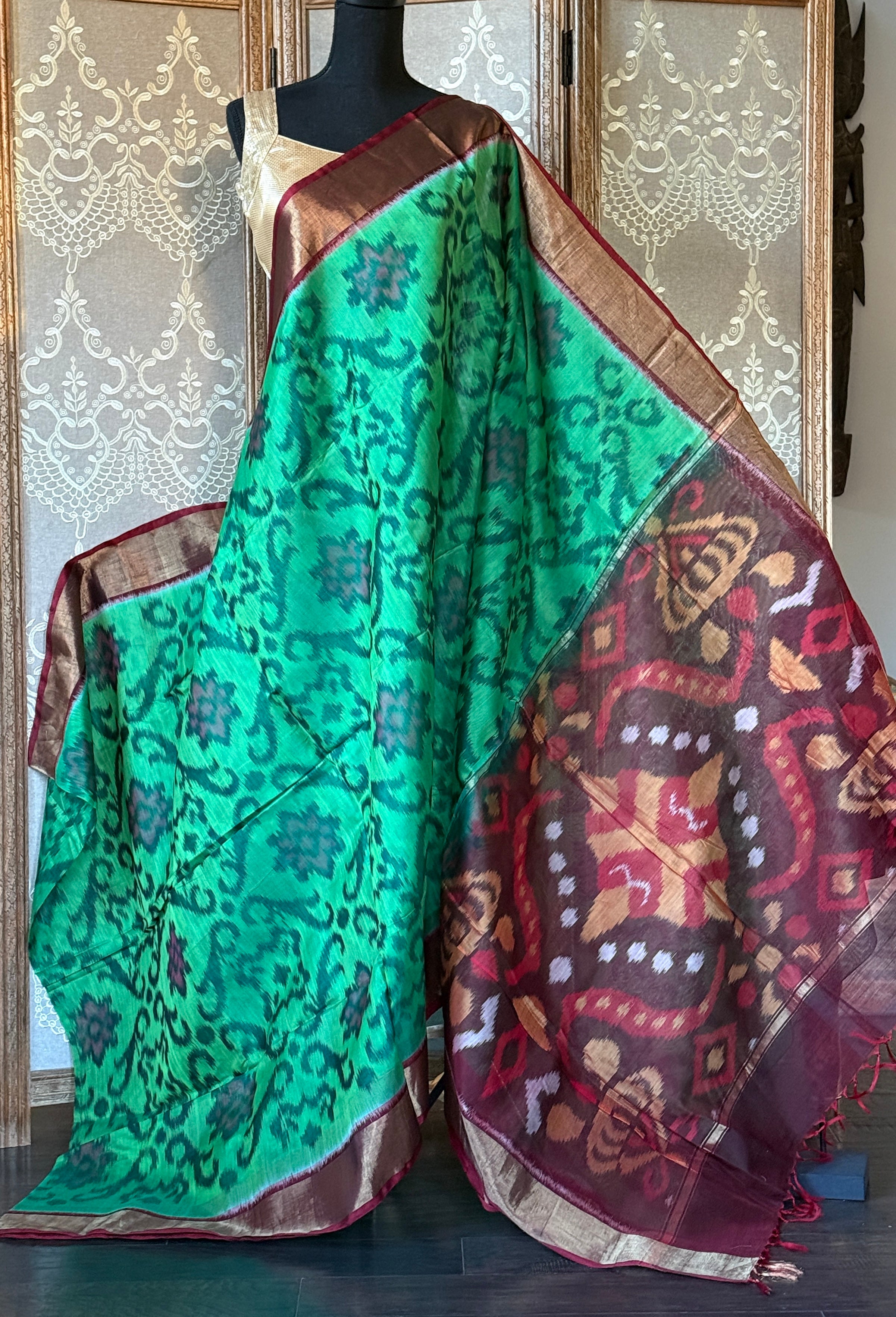 Pure Cotton Silk Ikat - Green Burgundy