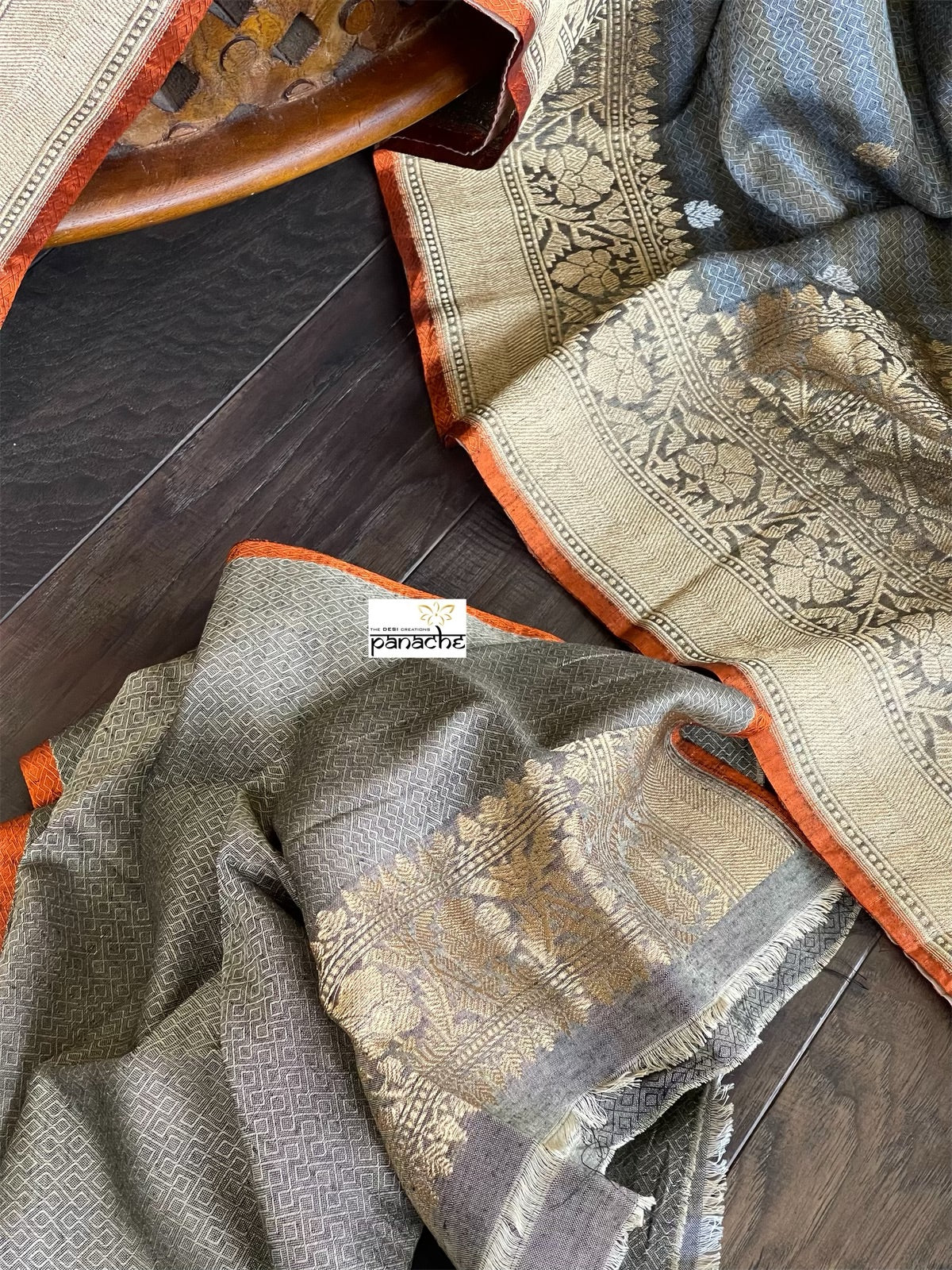 Pure Malmal Cotton Banarasi - Grey Orange Kadwa Woven